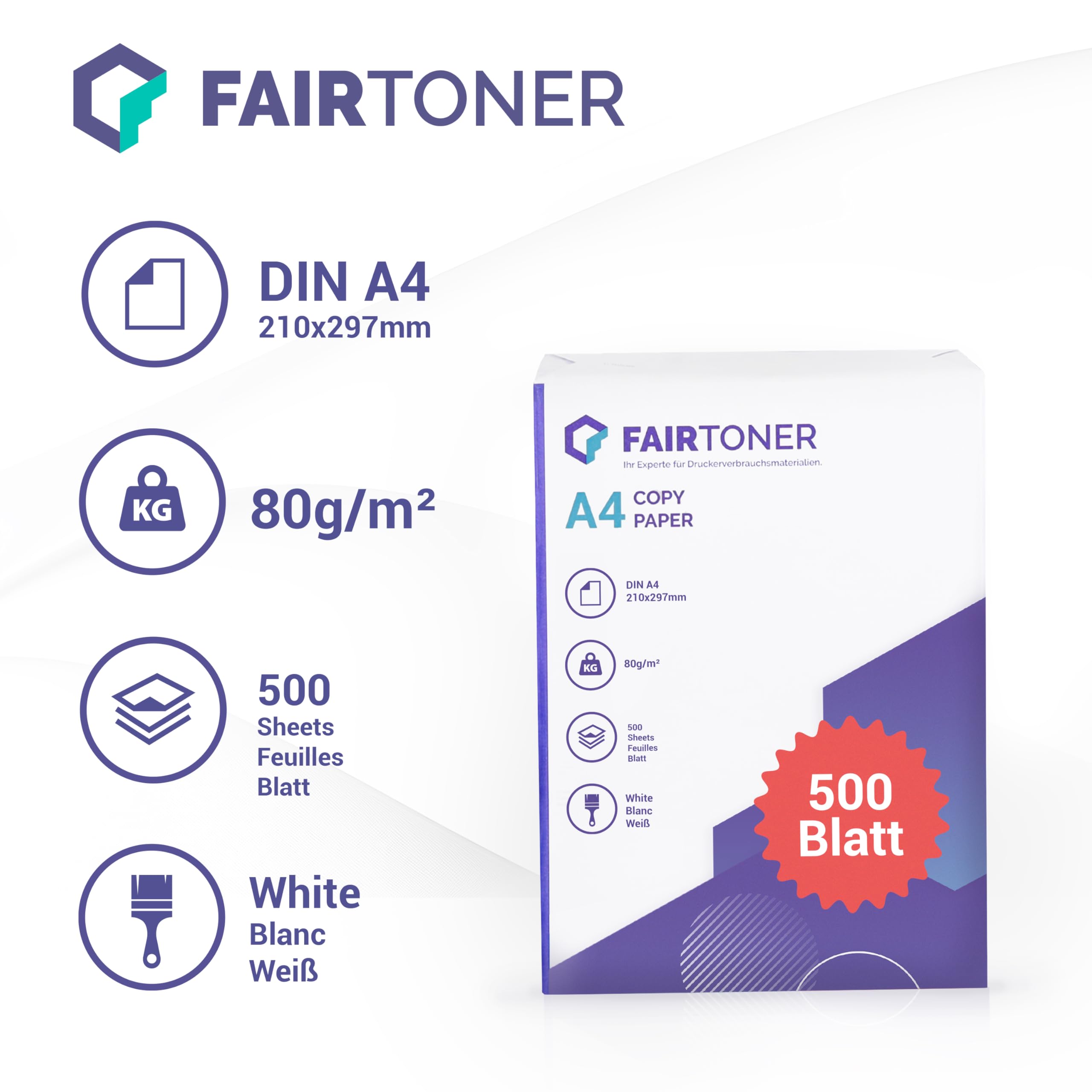 FairToner Kopierpapier DIN-A4 80g, Weiß, 25.000 Blatt (50er Pack) | 50 x 500 Blatt, Universal Druckerpapier