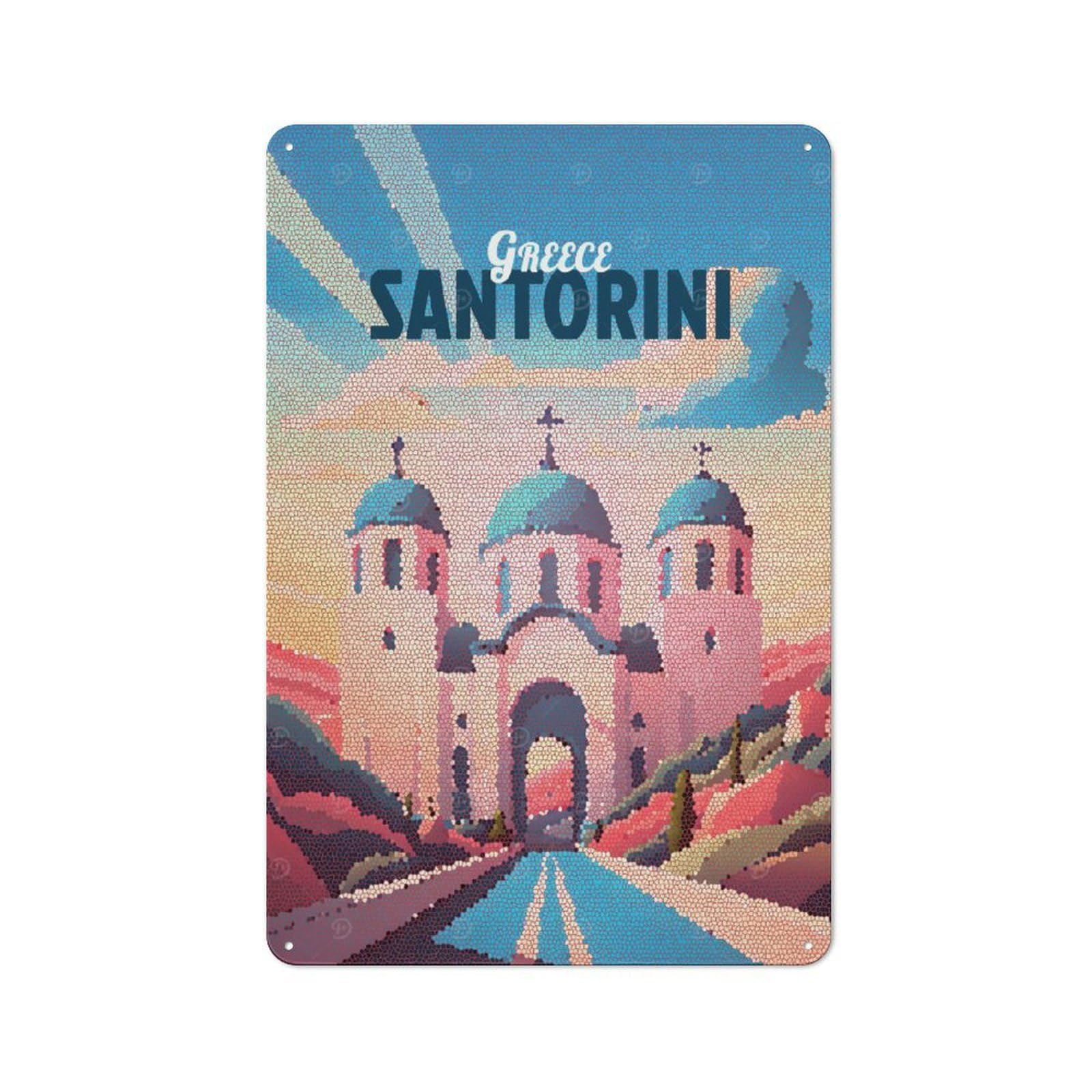 Junmoney Style-4 Metal Wall Sign 30X20cm Featuring Greece Santorini Travel For Hallway Wall, For Vintage Wall Decor Fans, For Cafés, Pubs And Restaurants