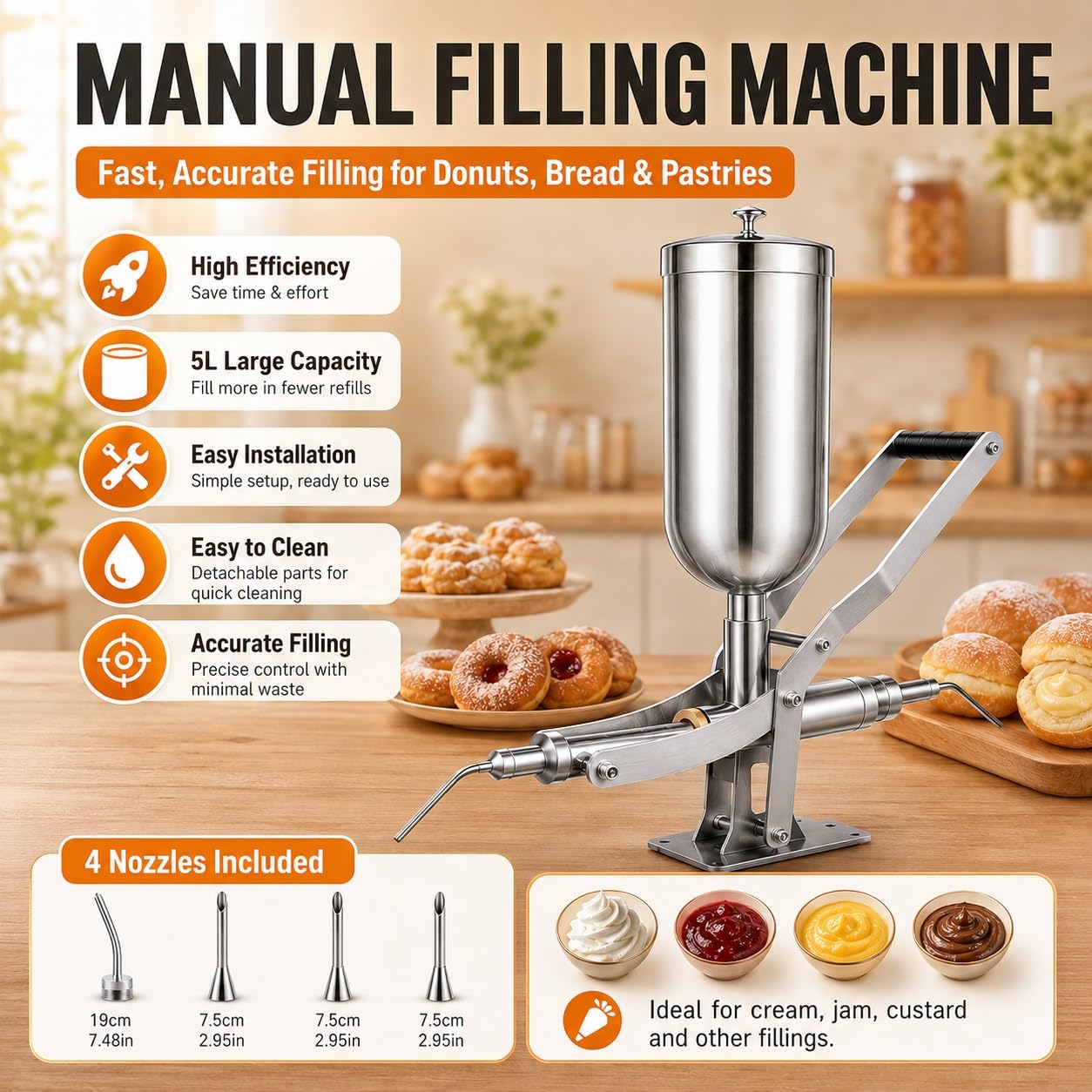 Llenadora Manual De Churros Donuts 5l, Máquina De Acero Inoxidable Con Kit De Boquilla