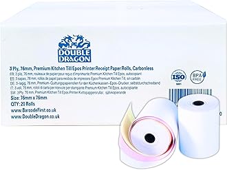 Double Dragon 76 x 76 mm, 3-Ply Carbonless Paper Roll for Kitchen Printer, Printing Calculator, Non-Thermal Till POS Receipt, Dot Matrix Impact - 20 Rolls