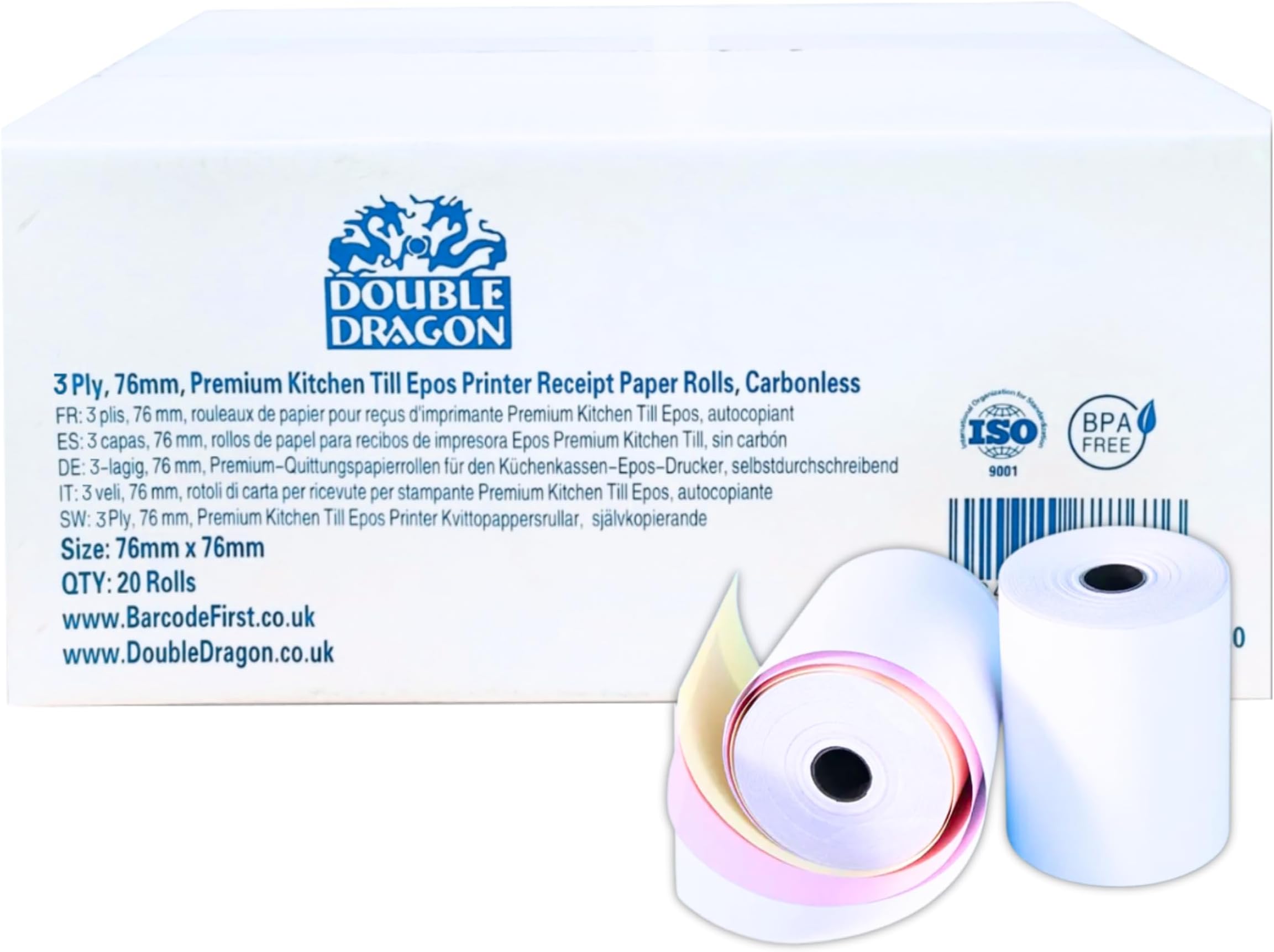 Double Dragon 76 x 76 mm, 3-Ply Carbonless Paper Roll for Kitchen, Printing Calculator, Non-Thermal Till POS Receipt & Dot Matrix Impact Machines | 20 Rolls