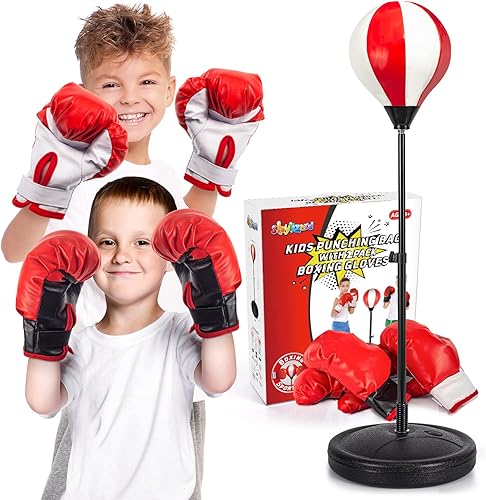 Juego de saco de boxeo para niños con 2 guantes de boxeo, soporte ajustable, regalos para niños y niñas de 5 a 10 años