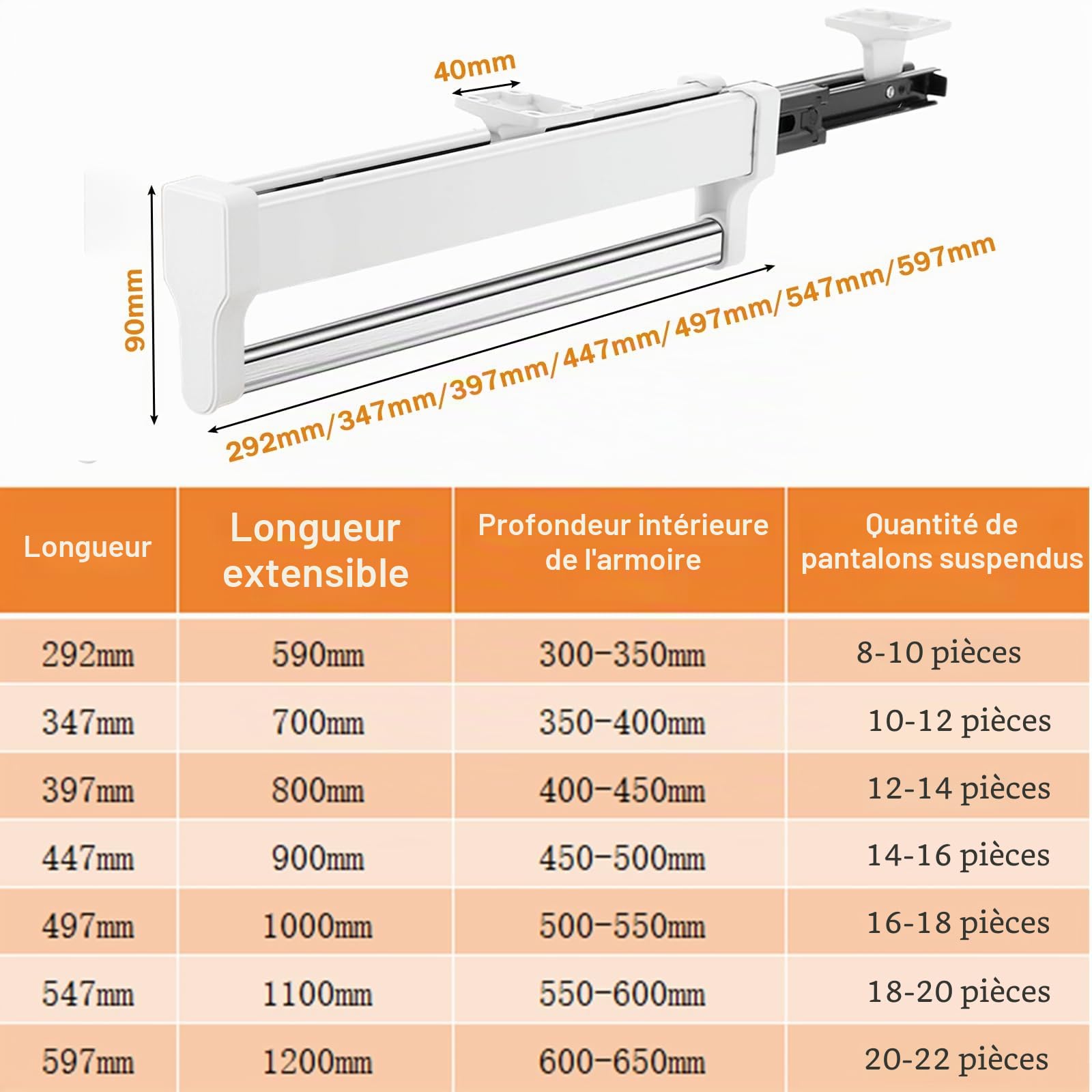 Tringle à vêtements extensible permettant de sortir les cintres, barre télescopique réglable, 347 mm, blanc