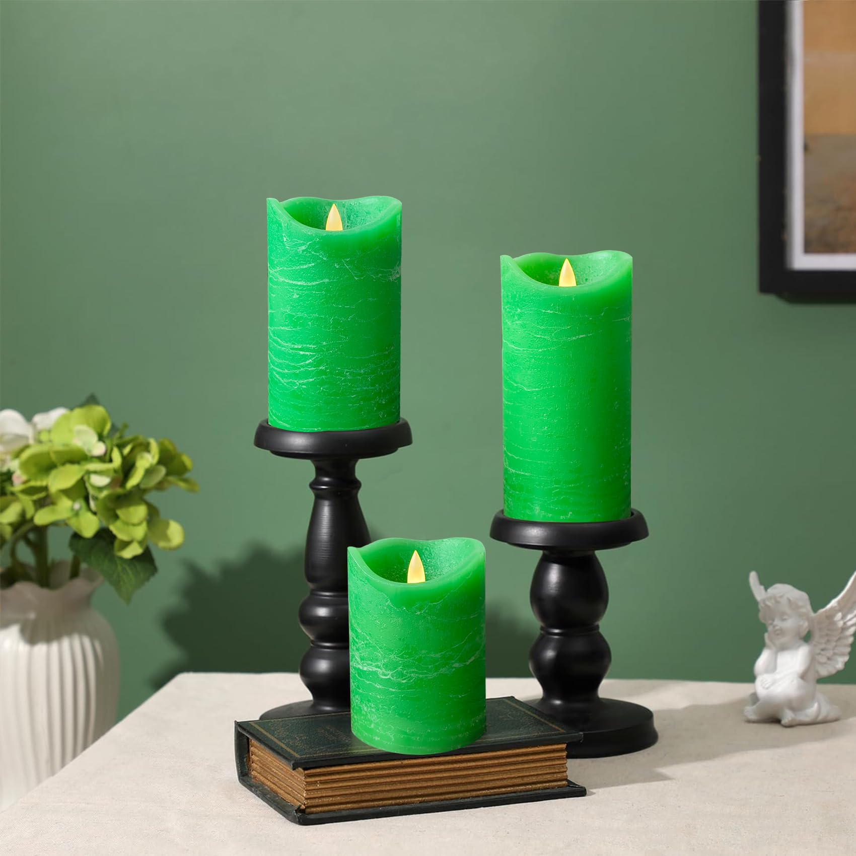 Flammenlose Echtwachskerzen, 3er-Set (D 7,6 cm x H 10,2 cm, 12,7 cm, 15,2 cm), batteriebetriebene LED-Kerze mit Timer, Heimdekoration, Stumpenlichter, flackernde Lichter, Hochzeitsfeier