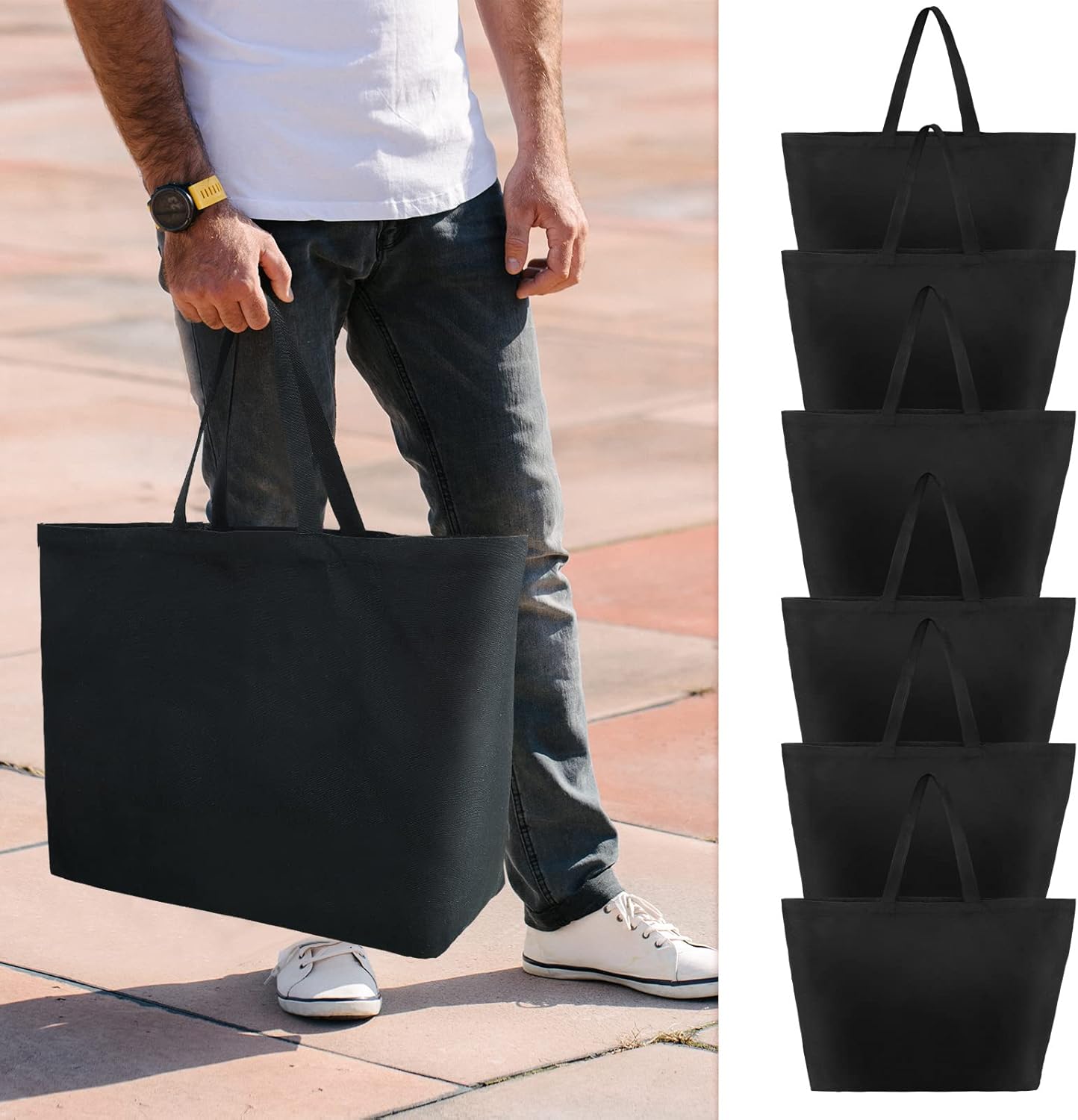 Sweetude 6 Extra Large Canvas Tote Bags Black XL Heavy Duty Grocery Beach Totes 28 x 8 x 16 Inch Reusable Oversized Big Shopping Bags with Handles - Image 6