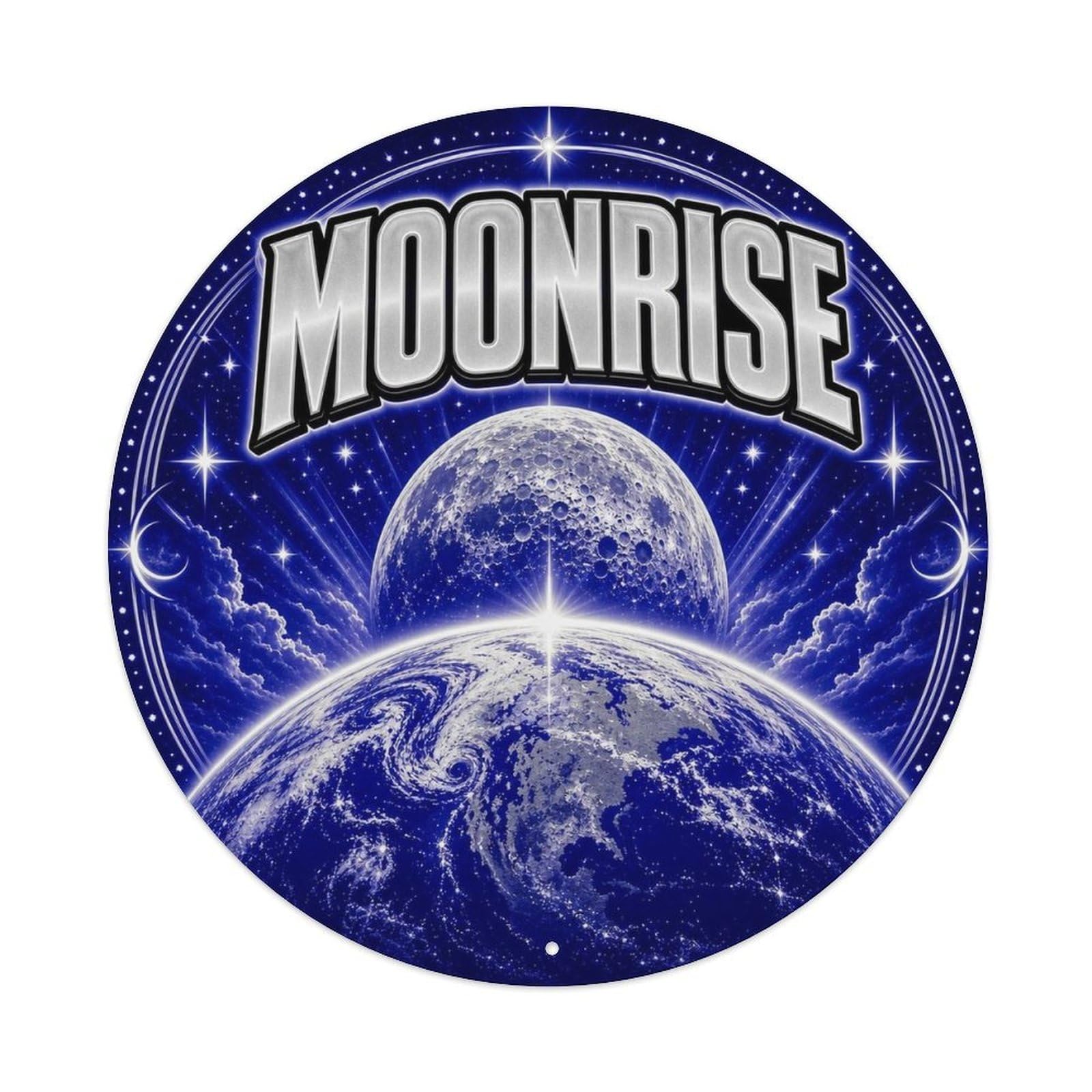 Space Exploration Neon Sci Fi Earth Moonrise Starscape Metal Tin Sign