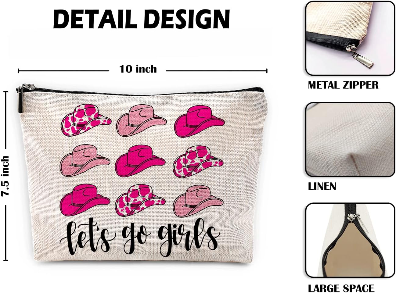 Sufamb Let's Go Girls Hot Pink Preppy Cowgirl Hats Makeup Bag, Western Country Cosmetic Pouch for Women, Christmas Birthday Gifts for Teen Girls, Cowgirl Gifts image 4