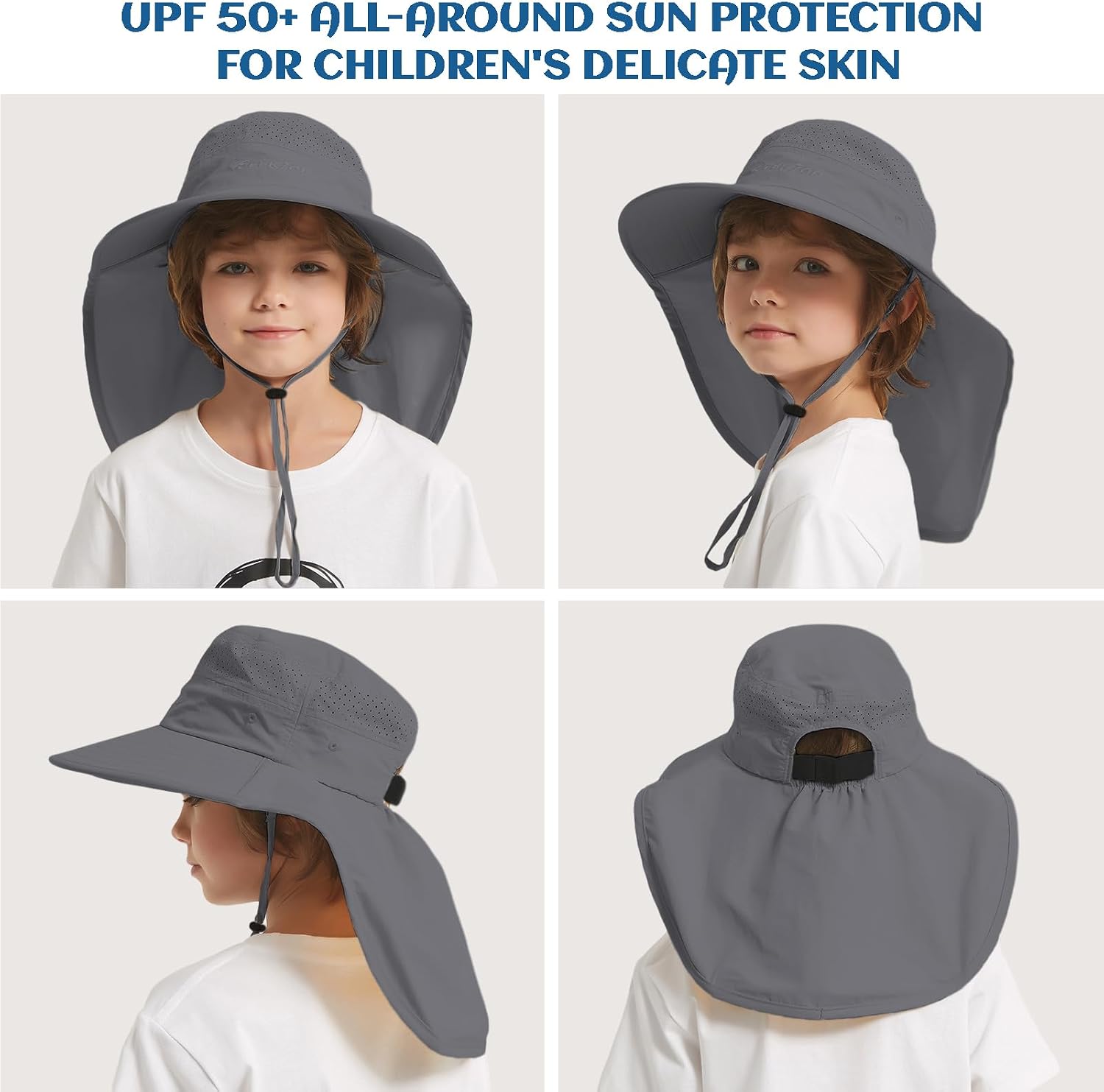 Kids Sun Hat Outdoor UPF 50+ Kids Hat for Boys Girls Bucket Hat with Wide Brim Neck Flap for Fishing Beach Safari Dark Grey