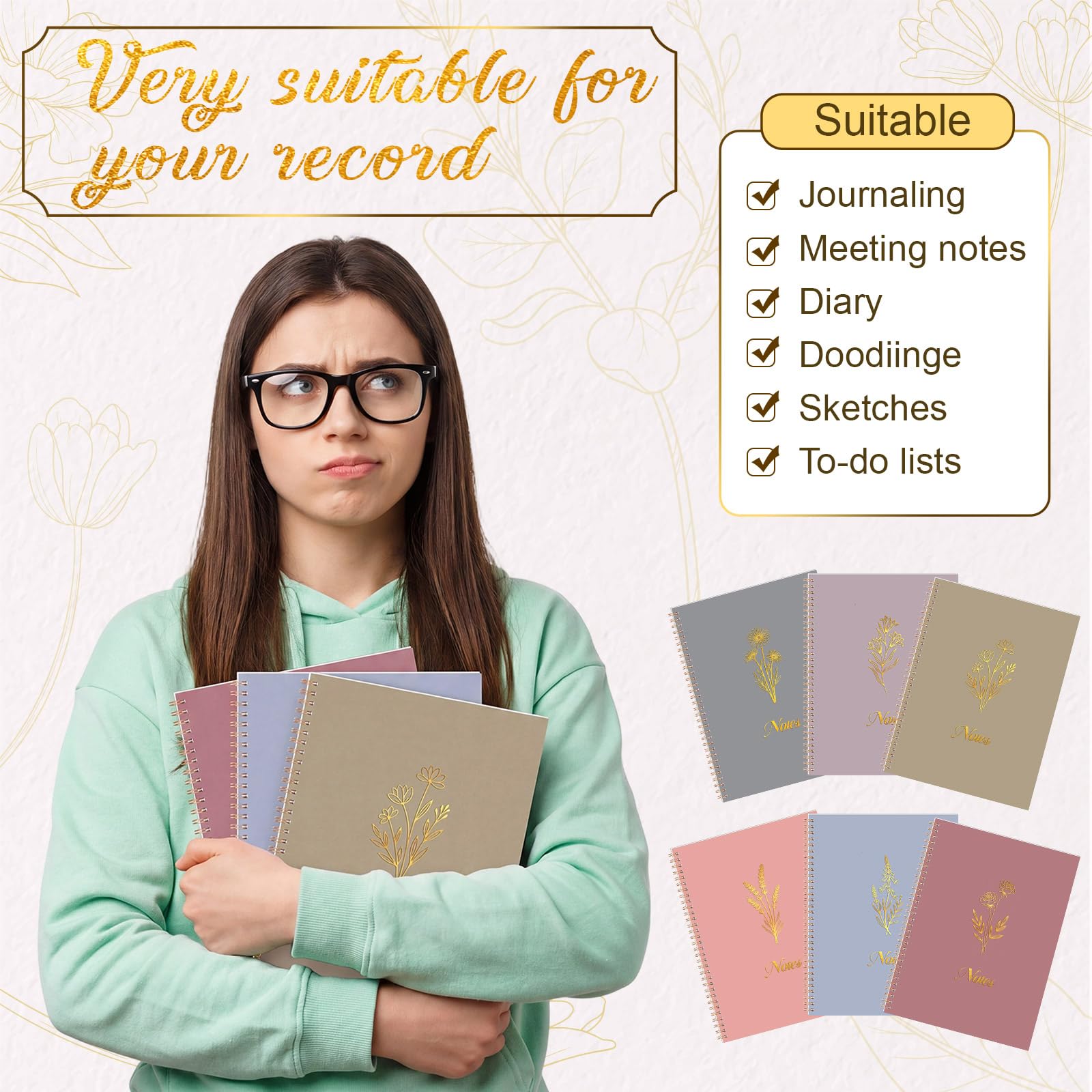 Resurhang Juego de 6 cuadernos estéticos en espiral, diario en espiral de 8.5 x 11 pulgadas con tapa dura para mujeres, 120 páginas A4, cuadernos florales para estudiantes, trabajo, escuela, oficina