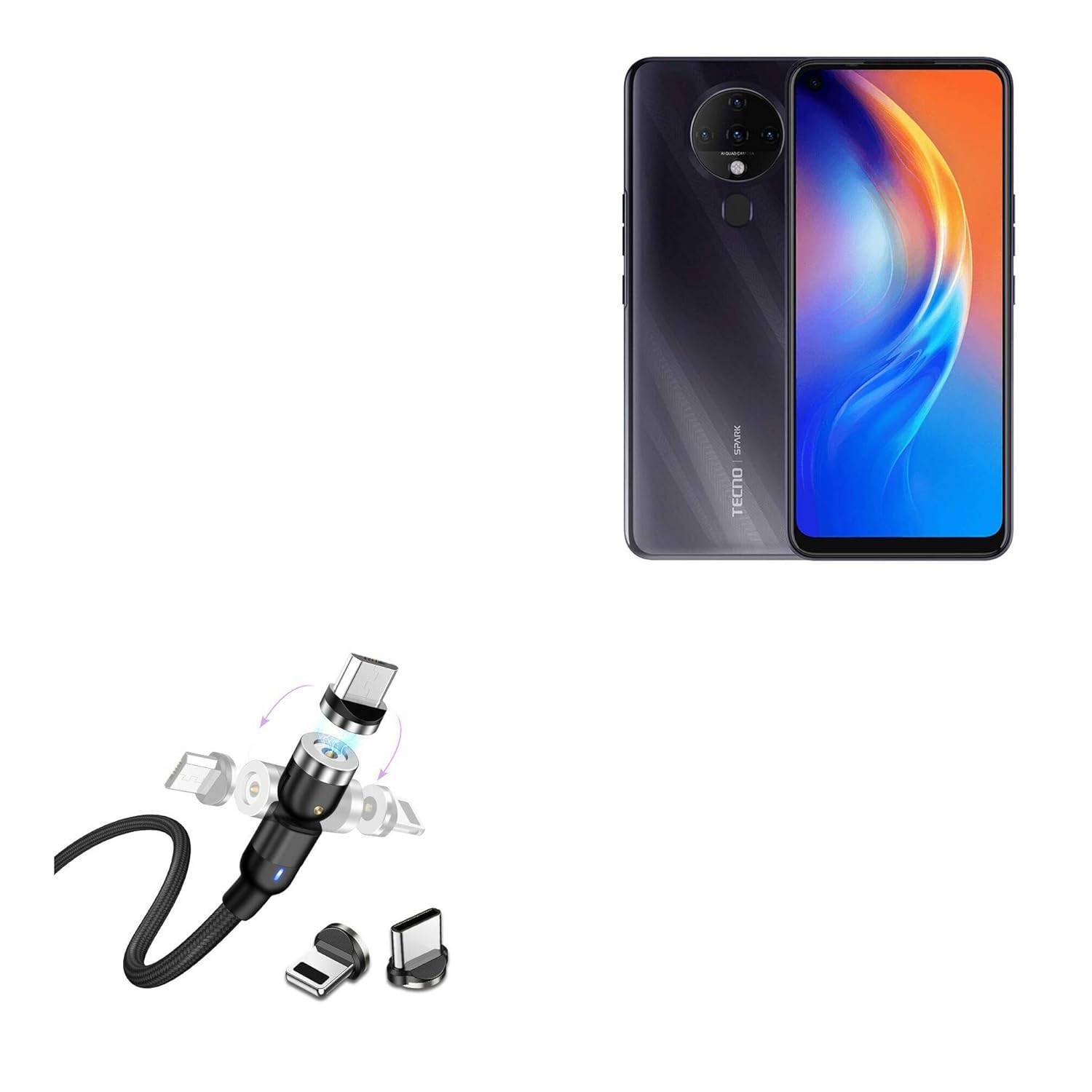 BoxWave Cable Compatible with Tecno Spark 6 - MagnetoSnap AllCharge Cable, Magnet Charging Cable USB Type-C Micro USB for Tecno Spark 6 - Jet Black
