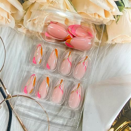 Miniatura 15 de Uñas postizas a presión de almendra, medianas, uñas postizas artificiales con bonito diseño de flores, cobertura completa, reutilizables