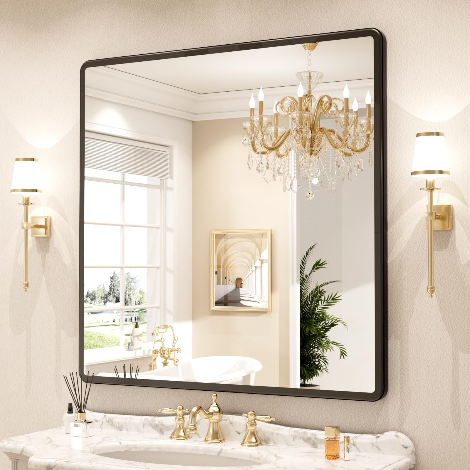 pertetey Black Bathroom Mirror, Aluminum Frame Wall Mirror, 36 x 36 in