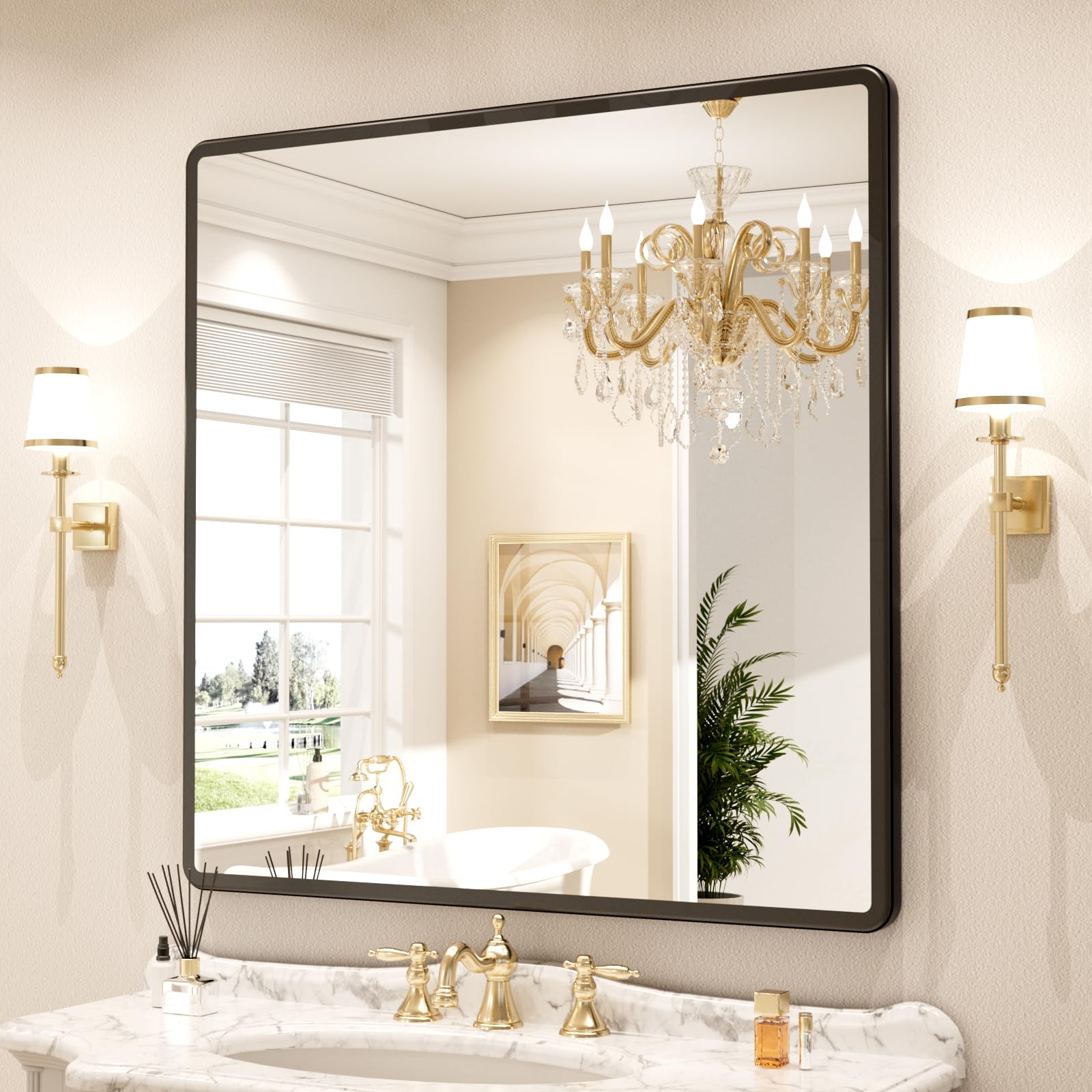 New Upgrade 36X36 Inch Wall Mounted Bathroom Mirror, Black Metal Frame Rounded Rectangle Mirror, Bathroom Vanity Mirror with Tempered Glass for Washroom Bedroom Living Room
