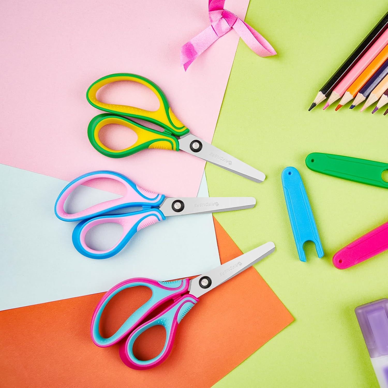 6" Kids Safety Scissors 3-Pack, Blunt Tip with Protective Cover & Ergonomic Soft Grip Handles, Stainless Steel for Right-Handed Ages 5-12, School Home Craft Supplies