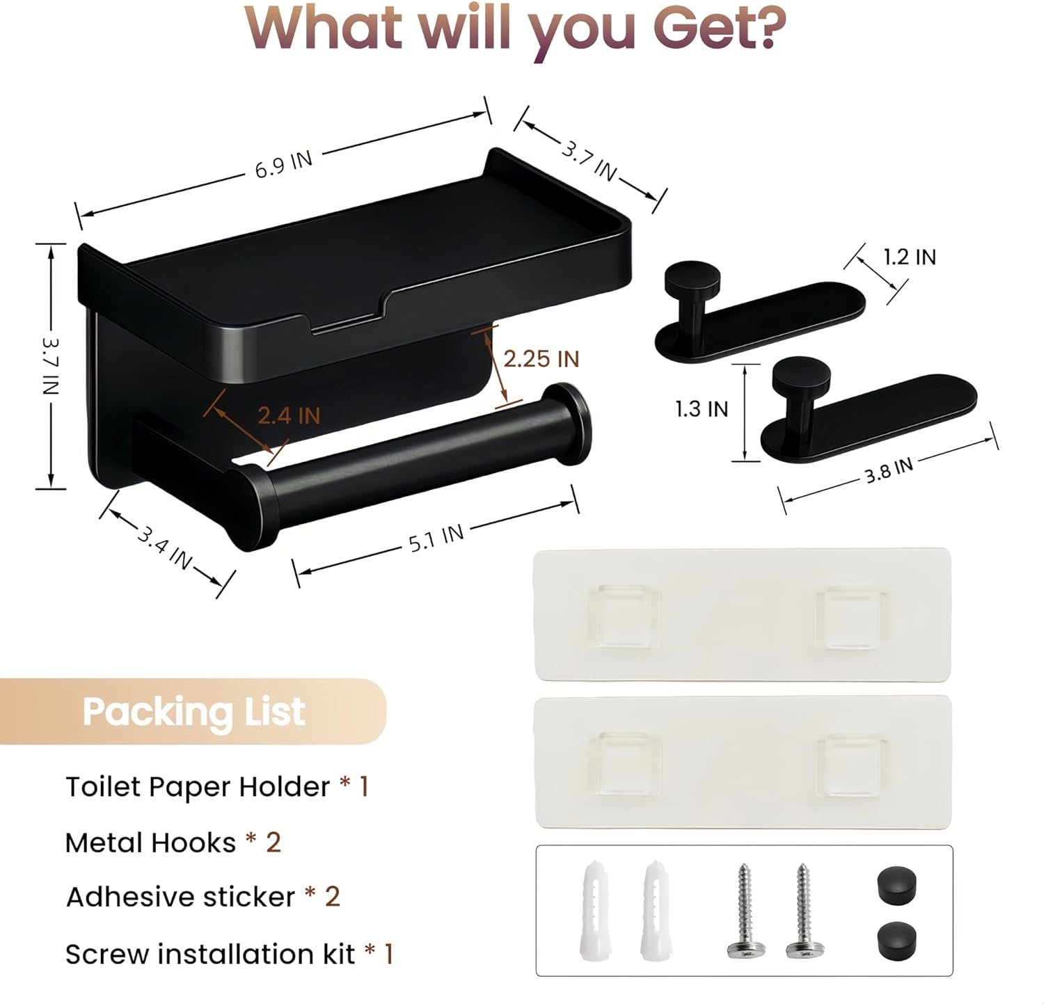 Adhesive Toilet Paper Holder and 2 Metal Hooks Combo - Rustproof Aluminum with Extra Adhesive Pads for Easy Replacement of Positions,Matte Black Toilet Paper Holder with Shelf(Wall Mount)