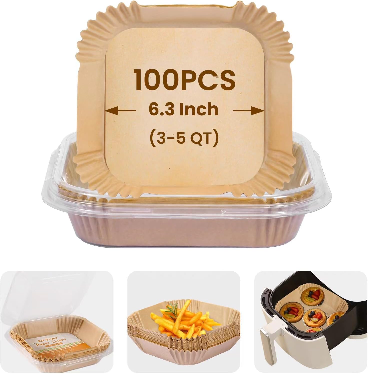 Air Fryer liners,100 PCS Air Fryer Paper Liners Disposable, Parchment Paper,Non-Stick Free of Bleach Baking Paper for 2-5QT Air Fryer Roasting Microwave (6.3IN-Square)