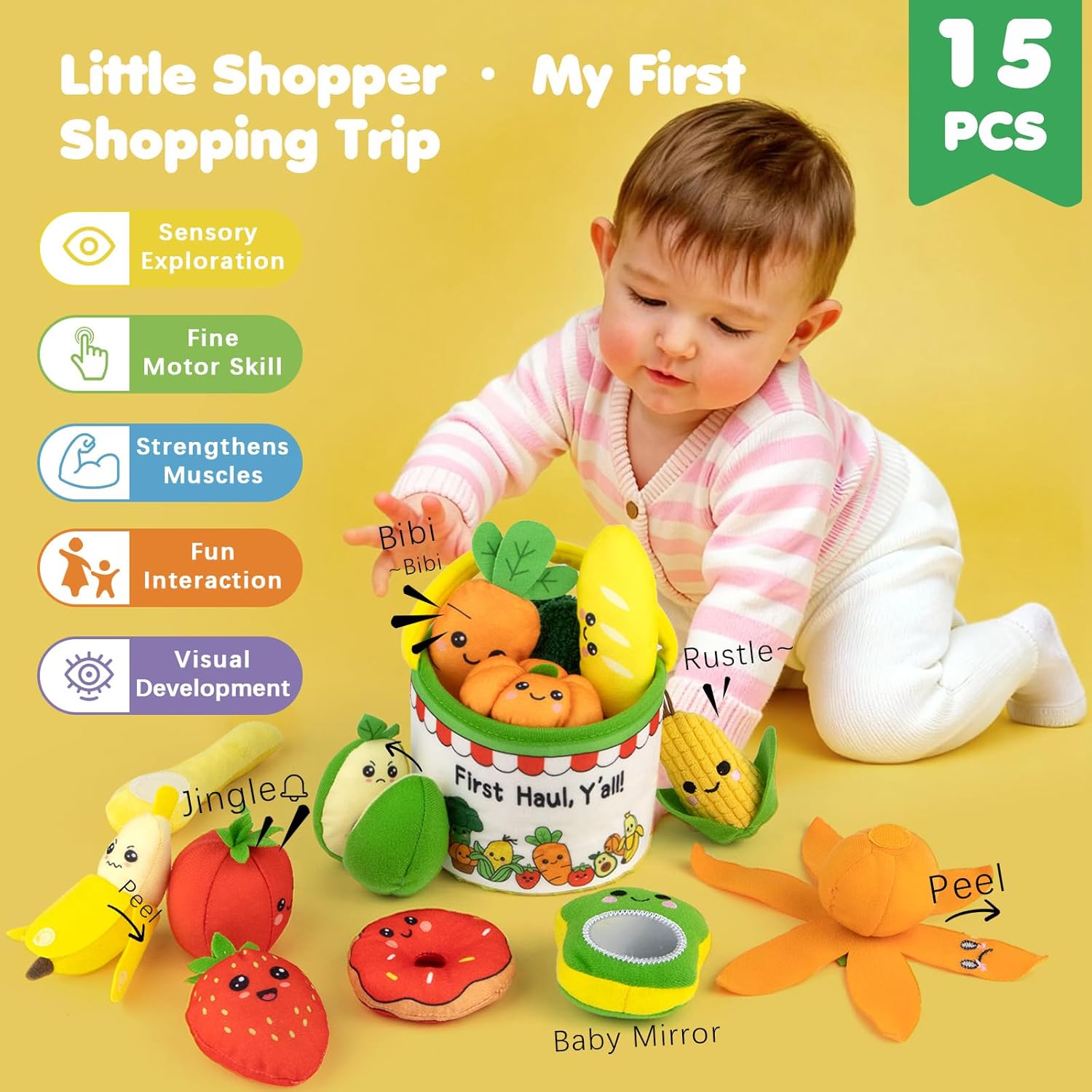 Montessori Toys for 1 Year Old – My First Shopping Trip Baby Sensory Toy, Color Sorting Play Food with Crinkle & Rattle, Fine Motor Skills Learning Gift for 1 2 3 Year Old Boy Girl Birthday Christmas