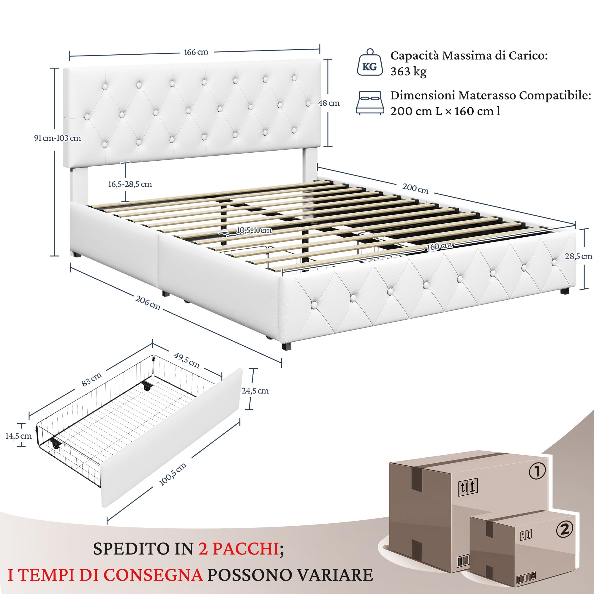 Yaheetech Letto Imbottito Matrimoniale 2 Cassetti (Bianco, 160 x 200 cm) | Letto Contenitore Doghe Legno Testiera Regolabile Camera da Letto Moderno