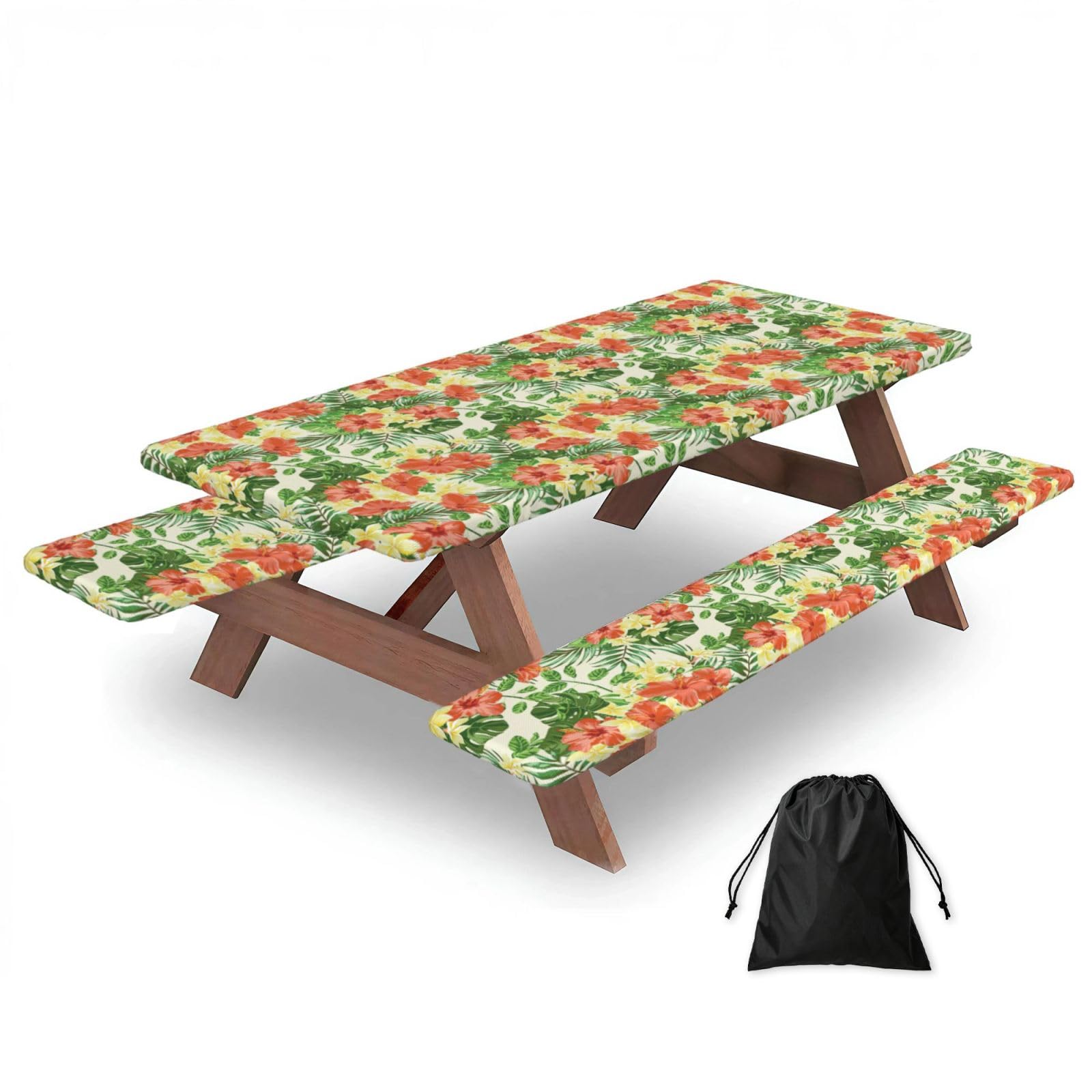 PPHGUT Hojas Tropicales Y Flores Print Picnic Table Bench Cover Set Outdoor Garden Bbq Protector For Family Camping