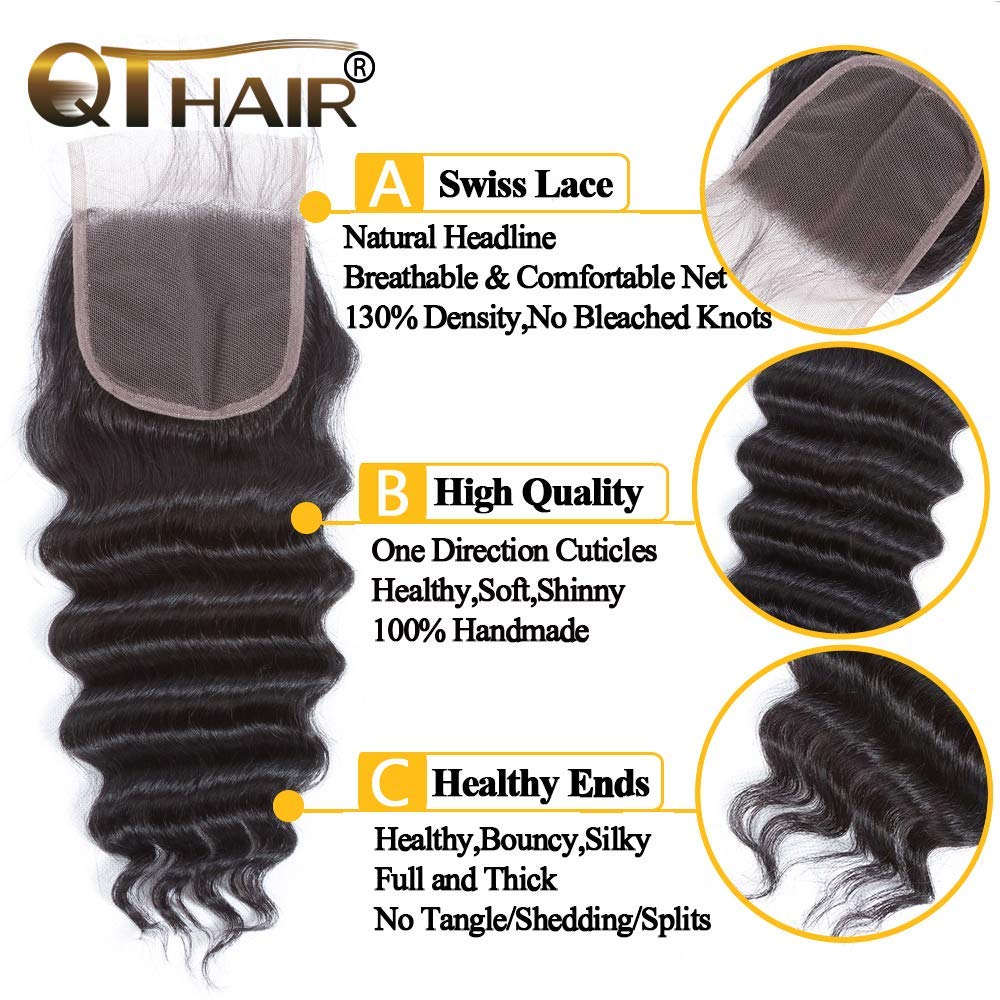 QTHAIR 18A loose Deep Wave Bundles with Closure for Black Women(14 16 18+12)100% Unprocessed Brazilian Deep Wave Human Hair 3 Bundles with 4X4 Lace Closure Free Part Natural Color