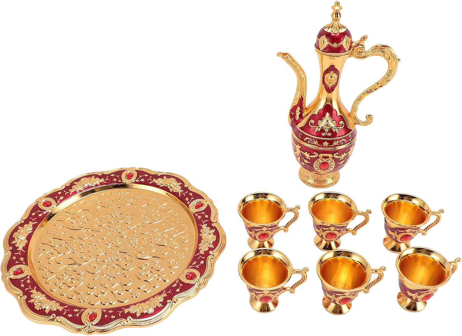 Vintage Coffee Pot Set, European Wine Pot Kit with 6 Cups, Elegant Teapot Tea Service Set for Weddings and Birthdays, Luxurious Gold and Red Design for Home Decor (Gold Red)