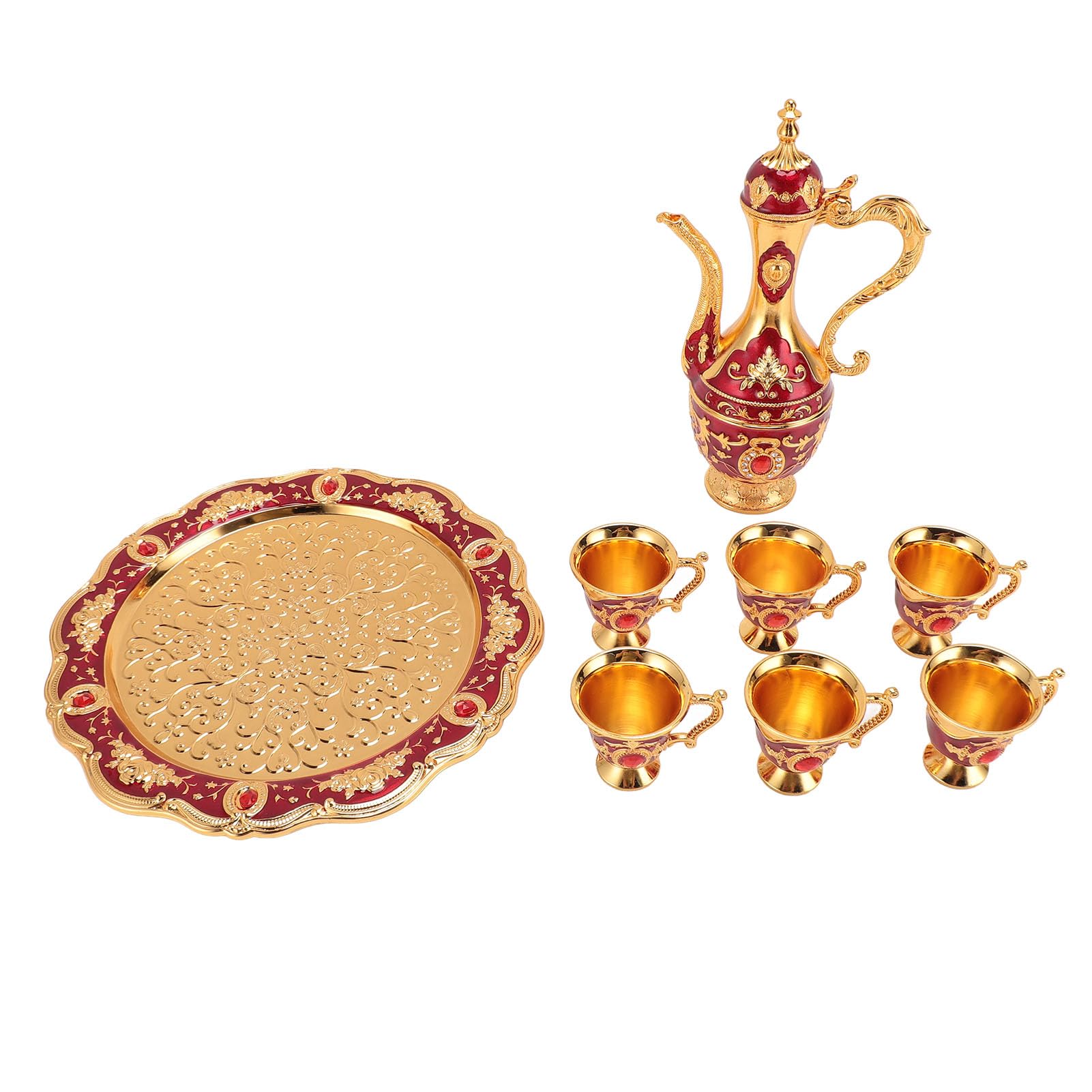 Juego de Cafetera Vintage, Juegos de Té Turcos Europeos Vintage con 6 Tazas de Café y Bandeja de Té, Juego de Tetera de Lujo para Mesa de Comedor, Mesa de Café (Gold Red)