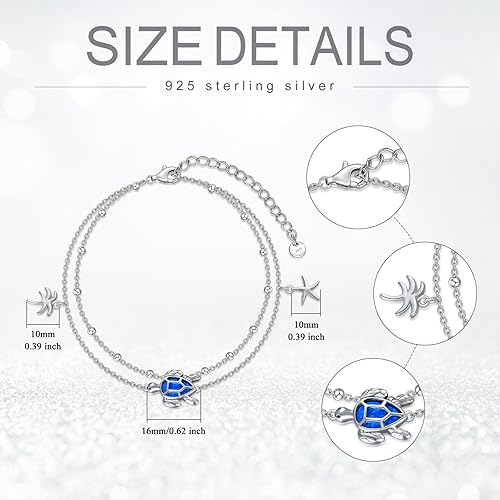 Miniatura 6 de VONALA Tobilleras de tortuga de plata de ley 925 con ópalo azul, tortuga marina, árbol de palma, estrella de mar, cadena de eslabones en capas,