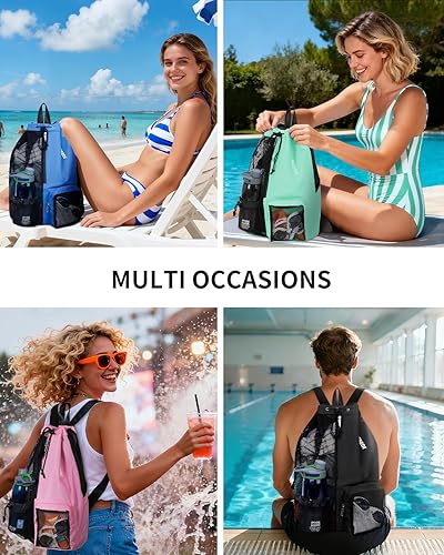 Miniatura 7 de WANDF Mochila de Malla con Cordón para Natación, con Bolsillo para Artículos Húmedos, para Natación, Gimnasio y Equipo de Entrenamiento