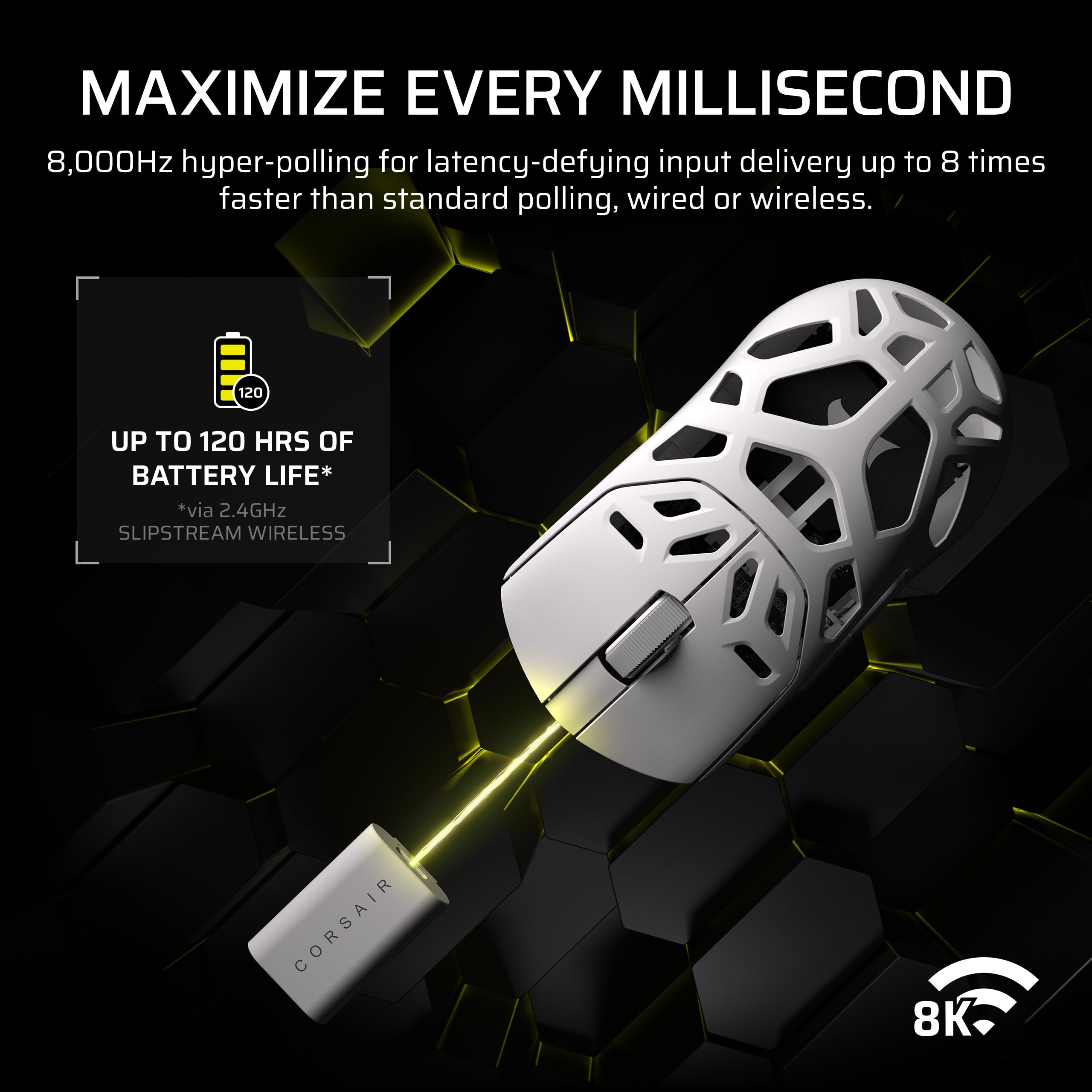 Corsair Sabre v2 PRO Bezprzewodowa mysz gamingowa MG FPS – 33 000 DPI Marksman S, 8000 Hz Hyper-Polling, trwały magnez, lekka, do 120 godzin pracy baterii – biała