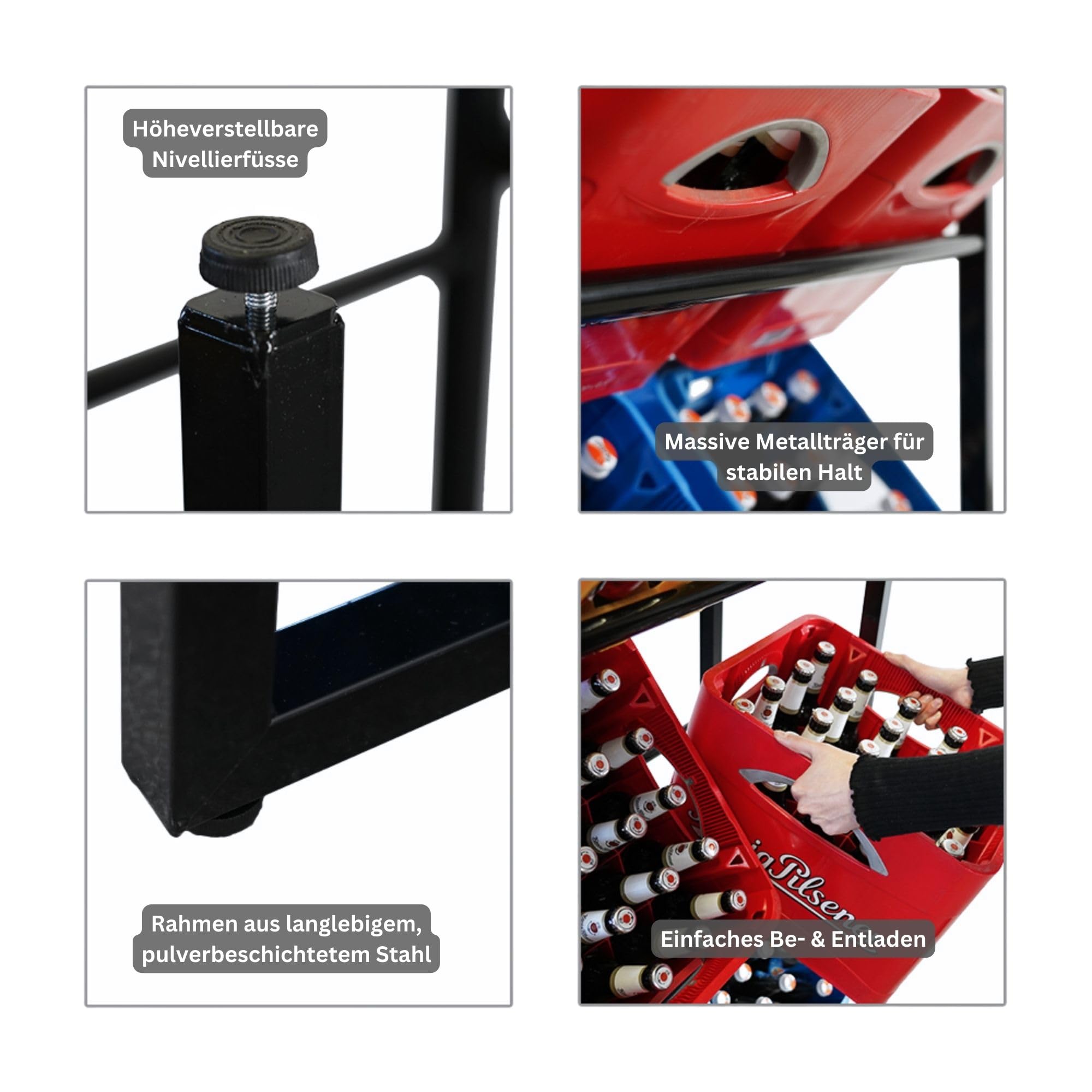 PROREGAL Getränkekistenregal KÖNIGSSEE XL PLUS mit 6 Auflageträger & 2 Haken | HxBxT 137x105x32 9 Kisten auf 3 Ebenen | Höhenverstellbare Füße | Schwarz Getränkeregal Wasserkistenregal Bierkistenregal