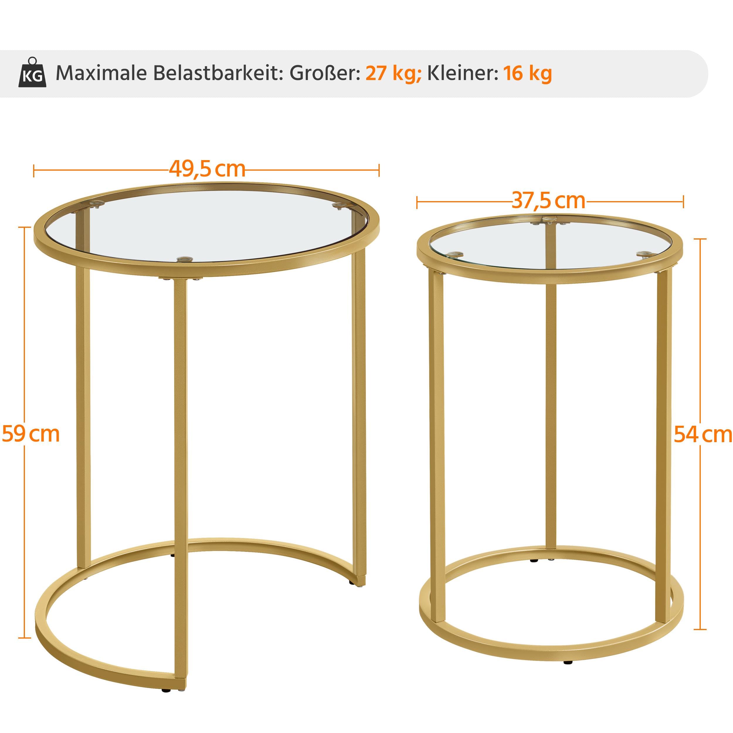 Yaheetech Satztische rund, 2er Set Beistelltisch, Couchtisch Glas, für Wohnzimmer, modernes Design, Metallgestell senf Gold, 49,5 x 49,5 x 59 cm