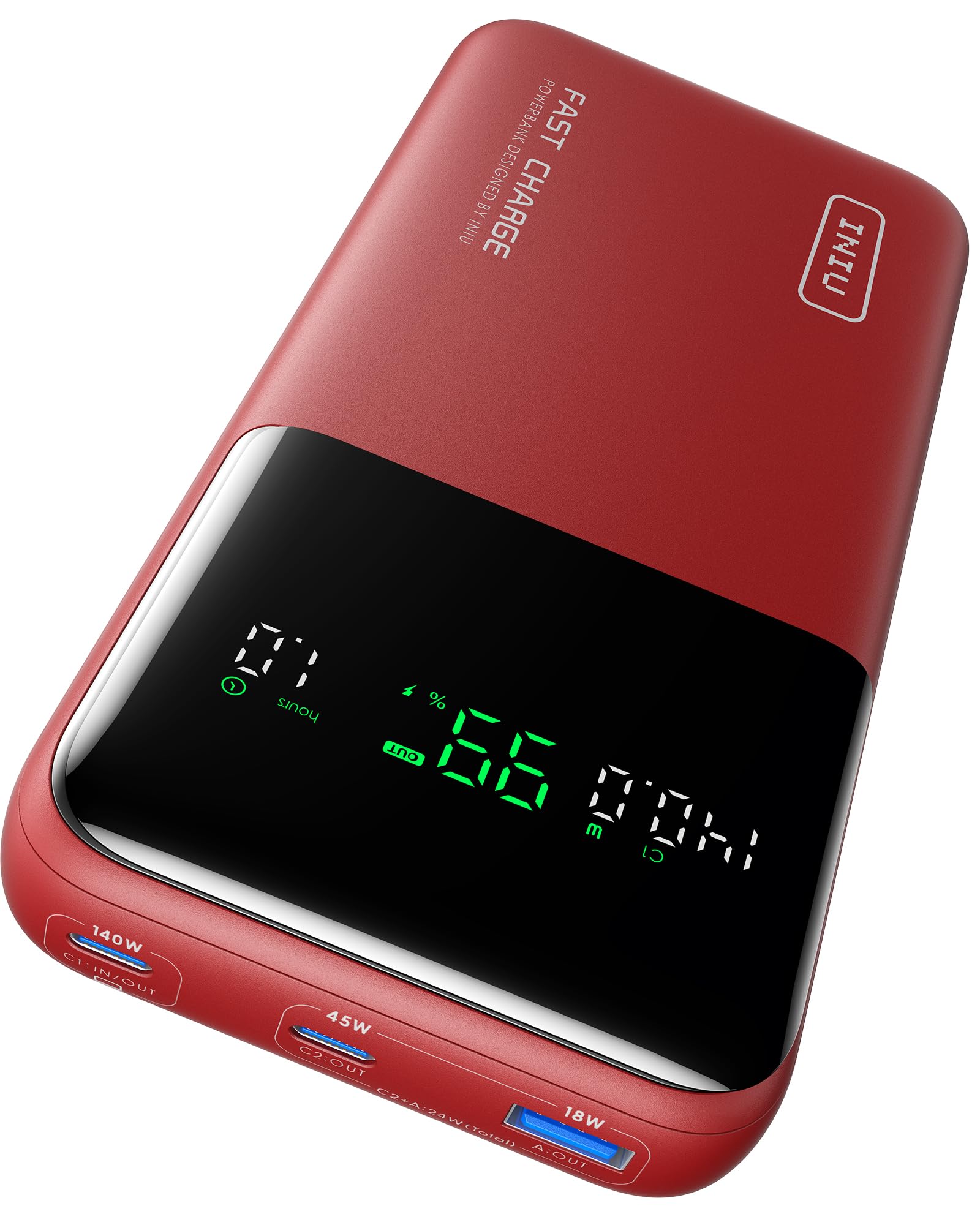 INIU Power Bank, 140W 25000mAh Bateria Externa Carga Rapida, Bateria Portatil USB C Input & Output para iPhone Samsung iPad Xiaomi Huawei, Mochila Viaje Essentials Apto para Hombres y Mujeres, Rojo
