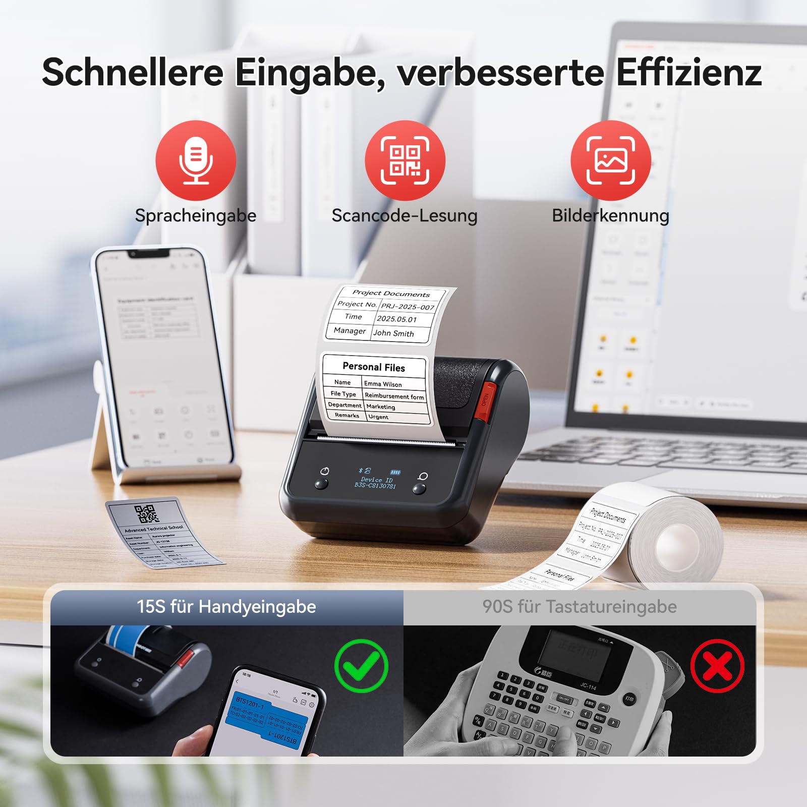 NIIMBOT B3S Etikettendrucker mit großformatigen Etiketten Selbstklebend 70 x 40mm, Tragbarer Etikettiergerät Bluetooth Label Printer für Barcode,Adresse, Büro, Einzelhandel, Schwarz