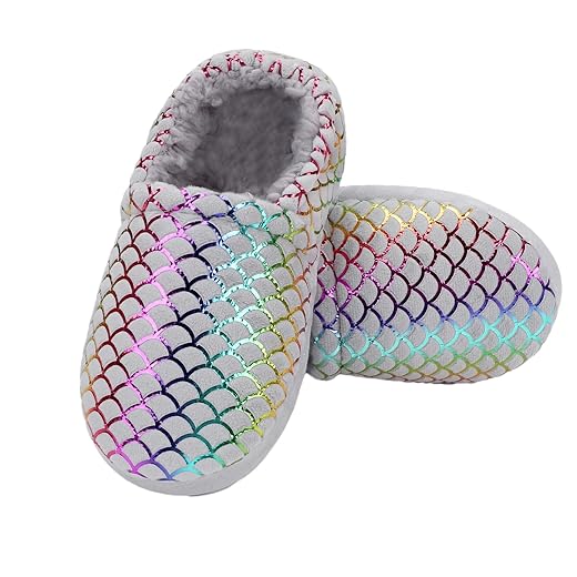 MEJORMEN Girls Mermaid House Slippers Cozy Plush Anti-Skid Indoor Outdoor House Shoes Glitter Bedroom Slippers for Toddler Kid, 11-12 Litter Kid