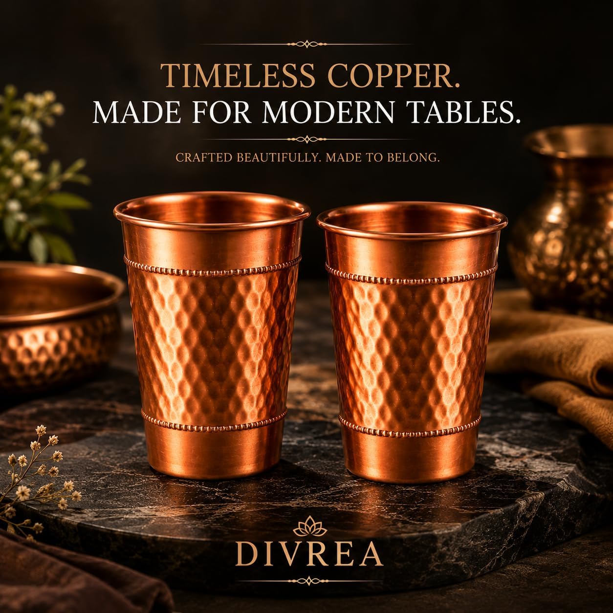 Hammered Pure Copper Water Drinking Glasses Set of 2 Large 13 Oz