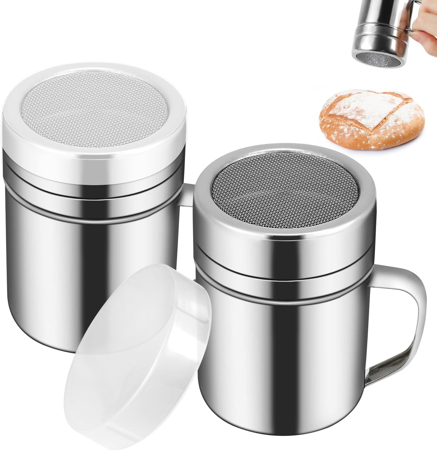 2 Pcs Powdered Sugar Shaker Duster with Handle, Stainless Steel Fine Mesh Shaker Powder Cans with Plastic Lid, Sifter Dredge Shaker for Powder Sugar Cinnamon Cocoa Pepper Coffee Flour Salt (6oz)