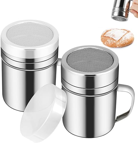 2 unidades de agitador de azúcar en polvo con asa, latas de polvo de malla fina de acero inoxidable con tapa de plástico, agitador de draga para
