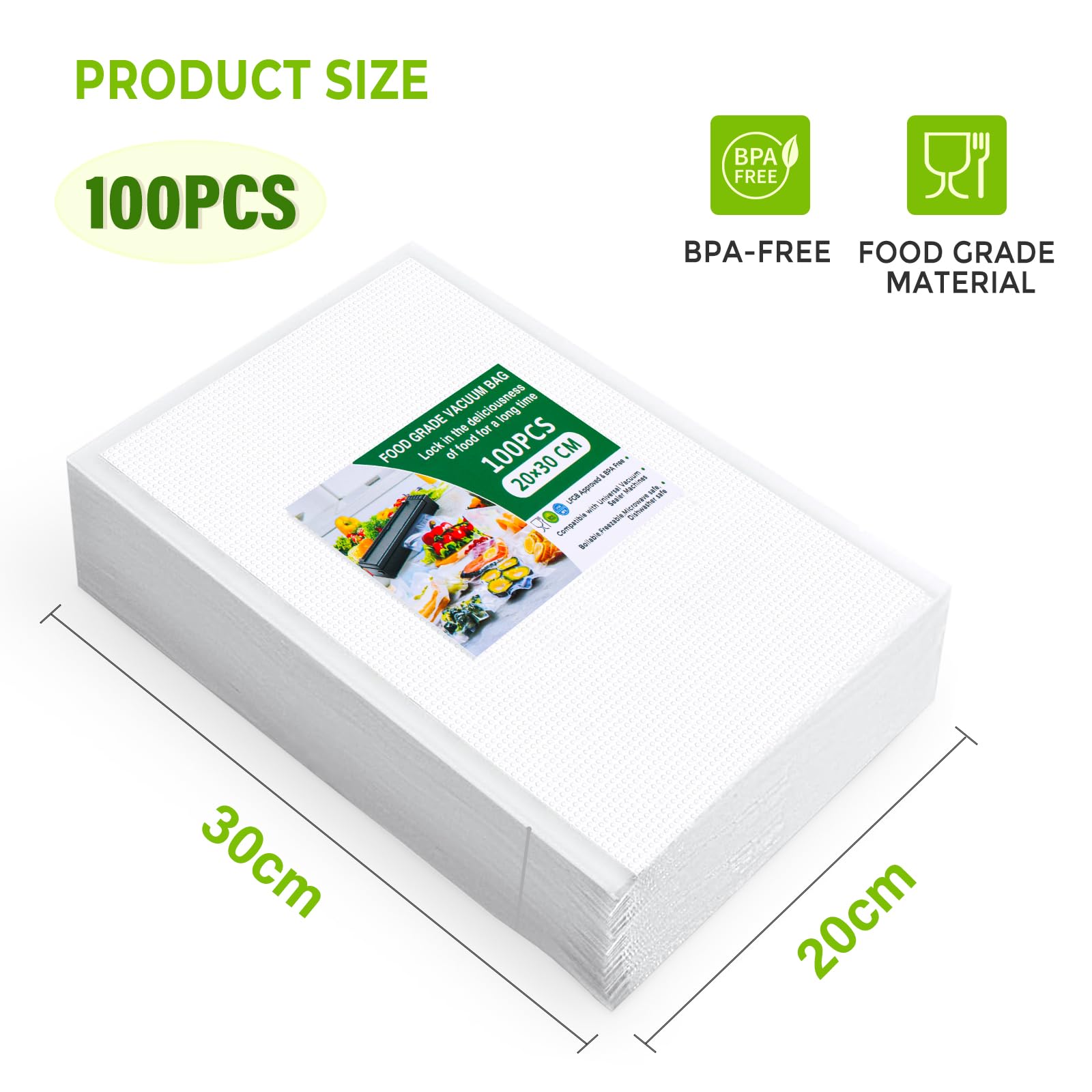 Vinabo Sacchetti Sottovuoto Alimenti 100 Buste 20 x 30 cm, per la Cottura Sottovuoto e la Conservazione Degli Alimenti, Buste Sottovuoto Goffrate Aadatto a Tutte le Macchine Sottovuoto