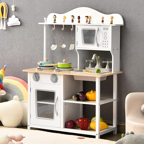 Miniatura 8 de Costzon Juego de cocina para niños, juego de cocina de juguete de madera con fregadero, horno, microondas, estufa, ollas, utensilios, cocina de