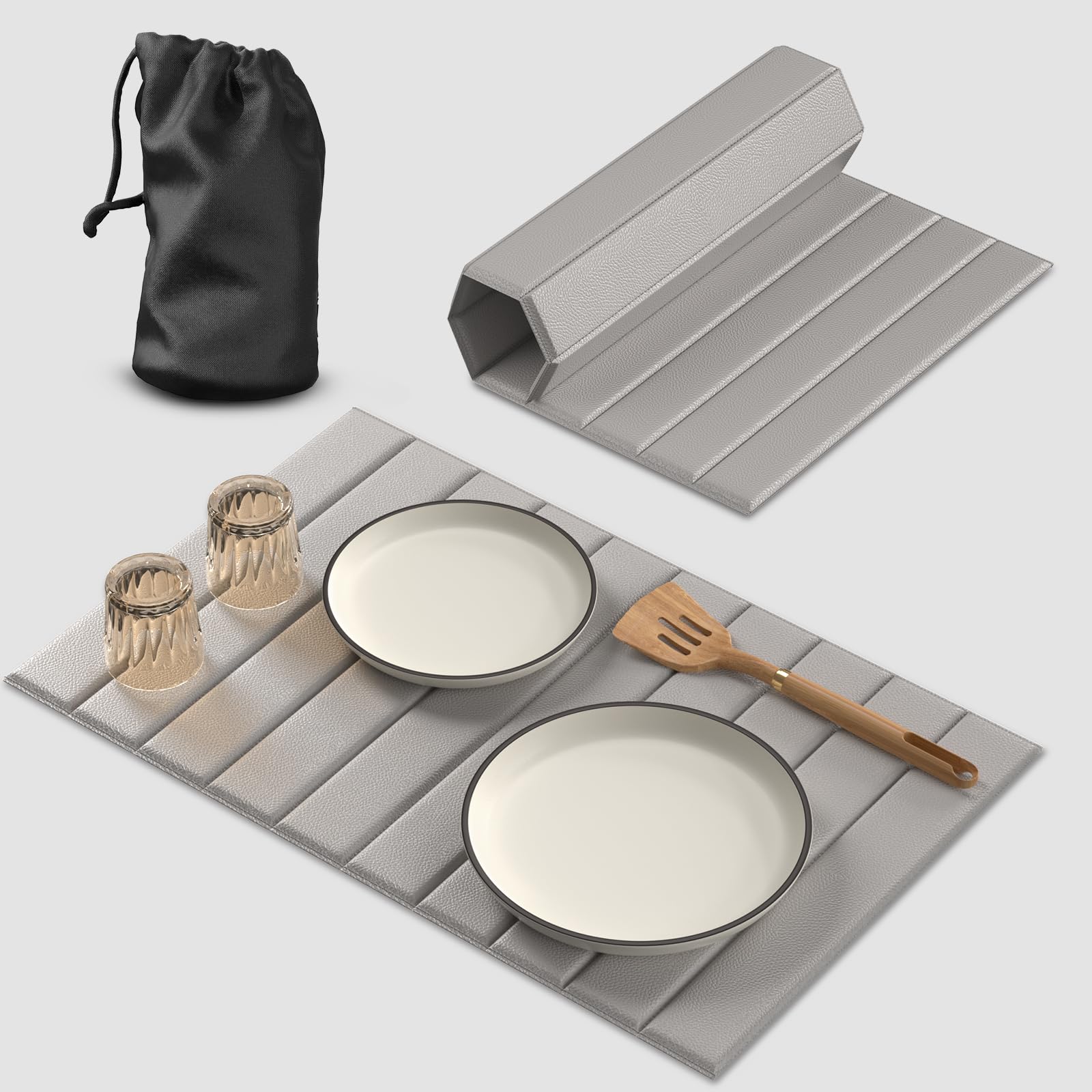 Stone Dish Drying Mat With Faux Leather Case – 25x16", Super Absorbent, Foldable & Removable