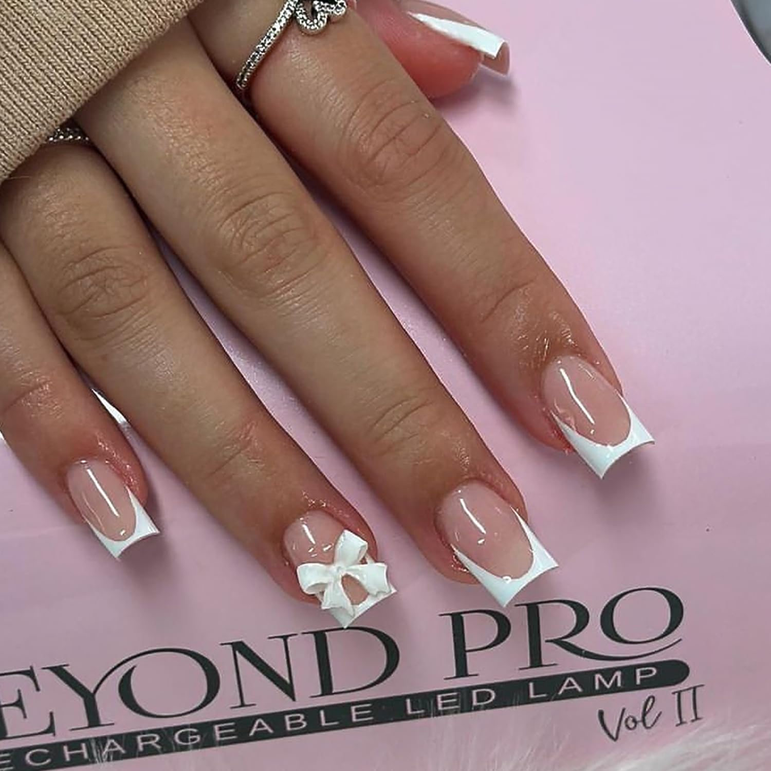 White French Tip Press On Nails Short Square With Bow Glossy Nude Designs Full Cover Stick On Pink Solid Color False Nails for Women Girls Acrylic