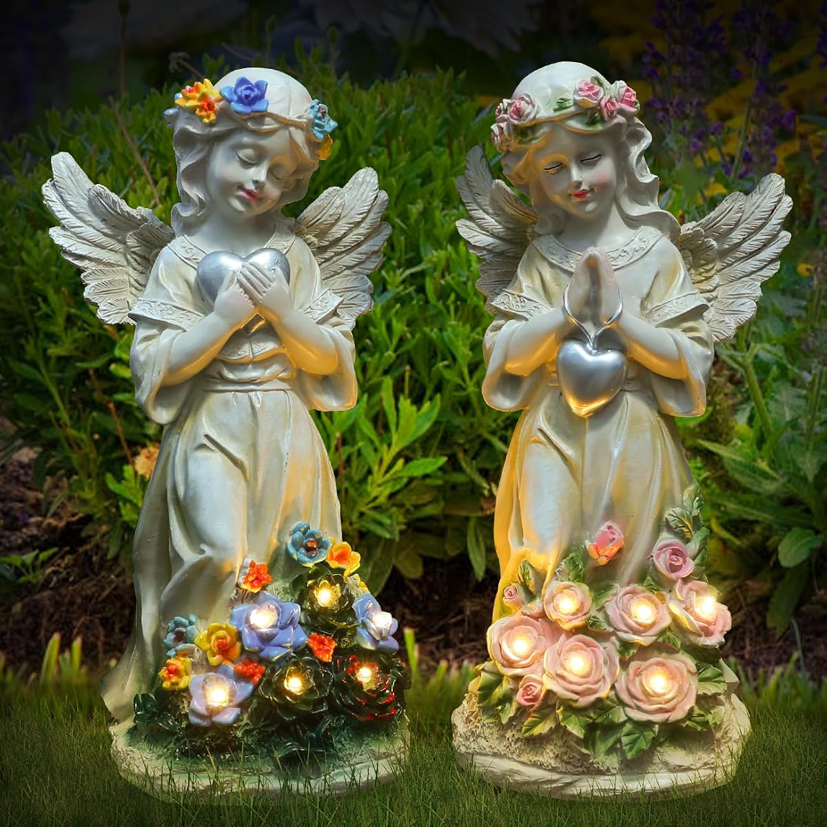 Estatua de jardín de ángel 2 piezas, decoración solar de corazón de amor con luz cálida | Estatua de ángel rezando impermeable con flores, escultura de decoración de jardín al aire libre para césped, patio, jardín, regalo, albaricoque