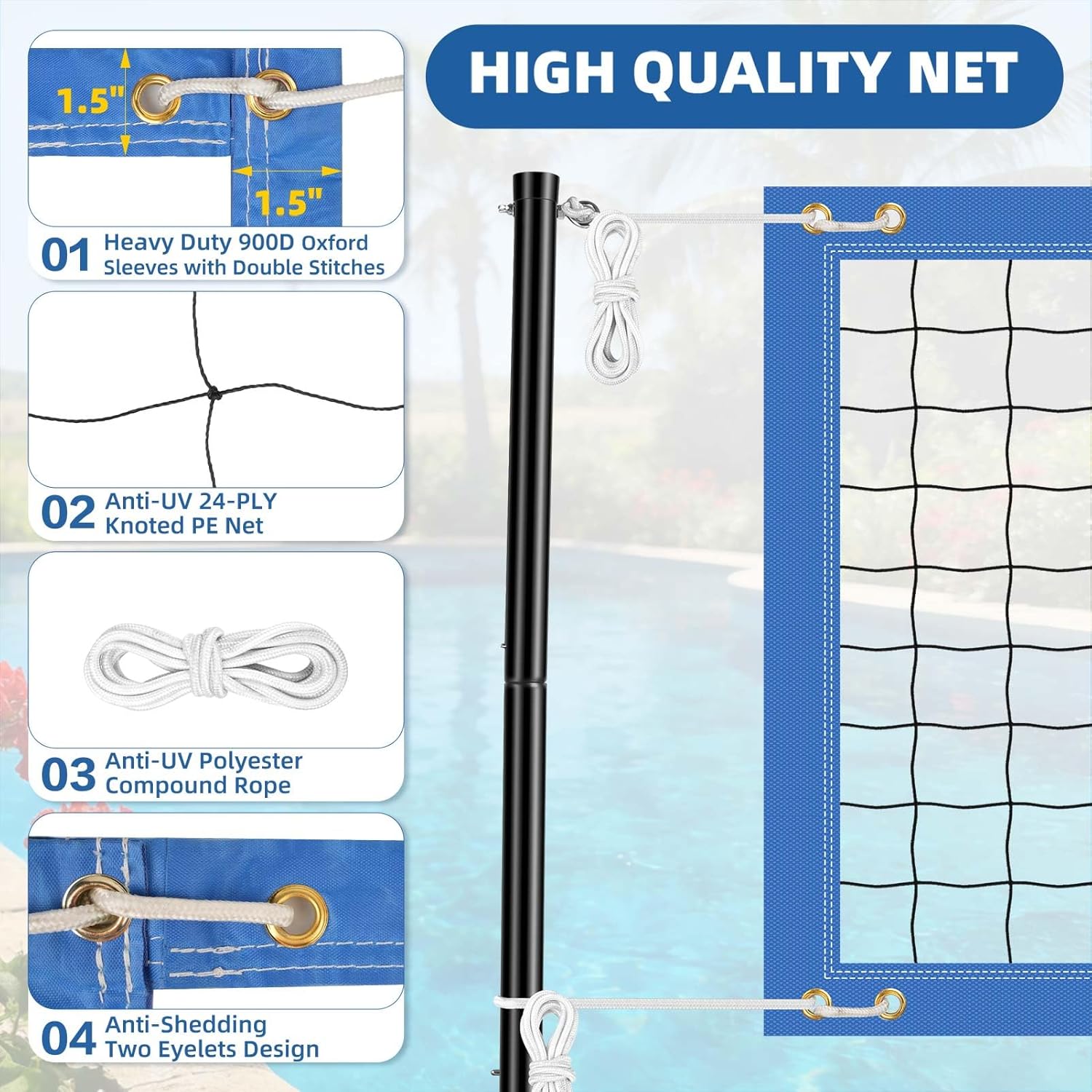 Pool Volleyball Net Set for Inground/Above Ground Pools, 15-30ft Length & 4-Height Adjustable, Super Stable Pool Volleyball Game Set with 2 Large Water Bags, 2 Pool Volleyballs for Adult & Family