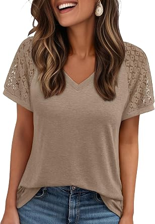 AUTOMET Womens Summer Short Sleeve T Shirt 2026 Spring Vacation V Neck Tops Lace Blouses Dressy Casual Fashion Clothes