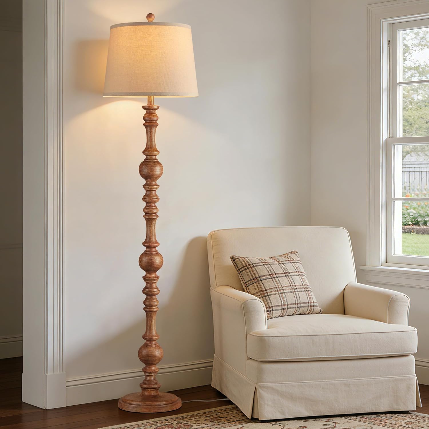 QiMH Vintage Floor Lamp for Living Room,61" Tall Rustic Standing Lamp with Linen Lampshade, Rotary Switch Farmhouse Floor lamp for Bedroom, Corner, Dining Room, Home Decor, Wood Grain