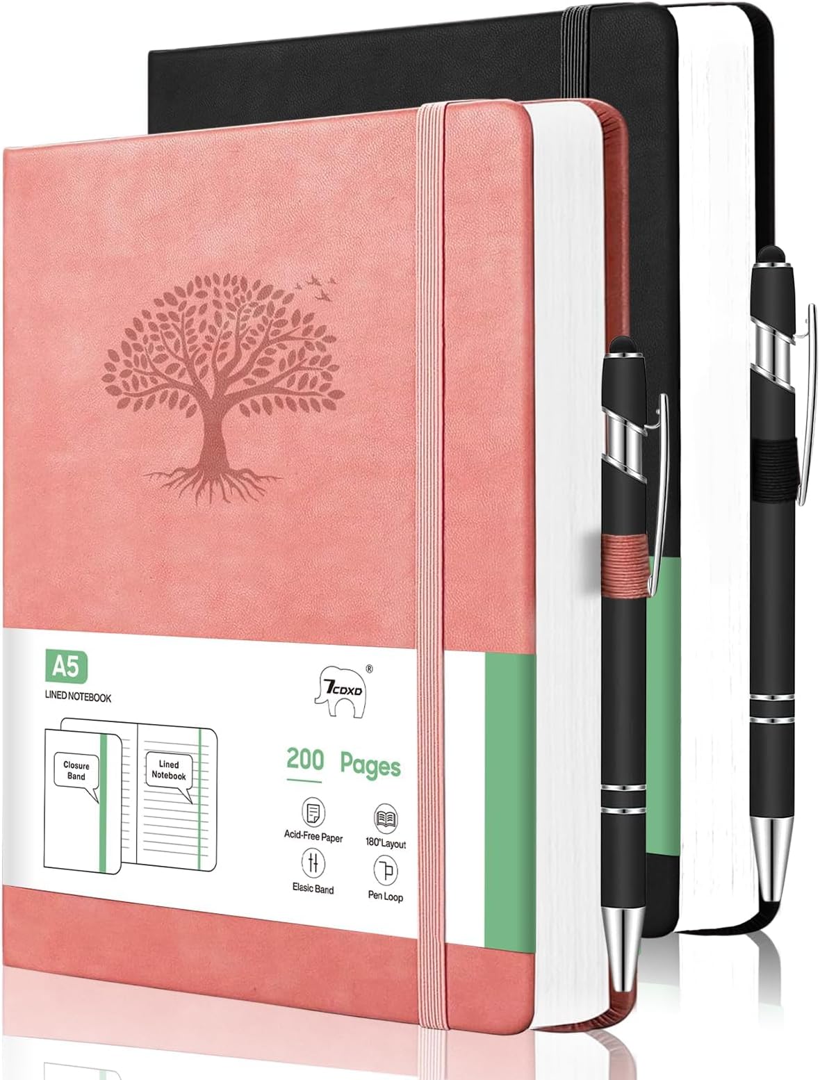 2-Pack A5 Hardcover Leather Notebooks with 2 Pens, Lined Notebook,400 Pages total, 100gsm Thick Paper, for Men Women Students Office Business, 14.6 x 21.3 cm (5.75" x 8.38"),Pink & Black