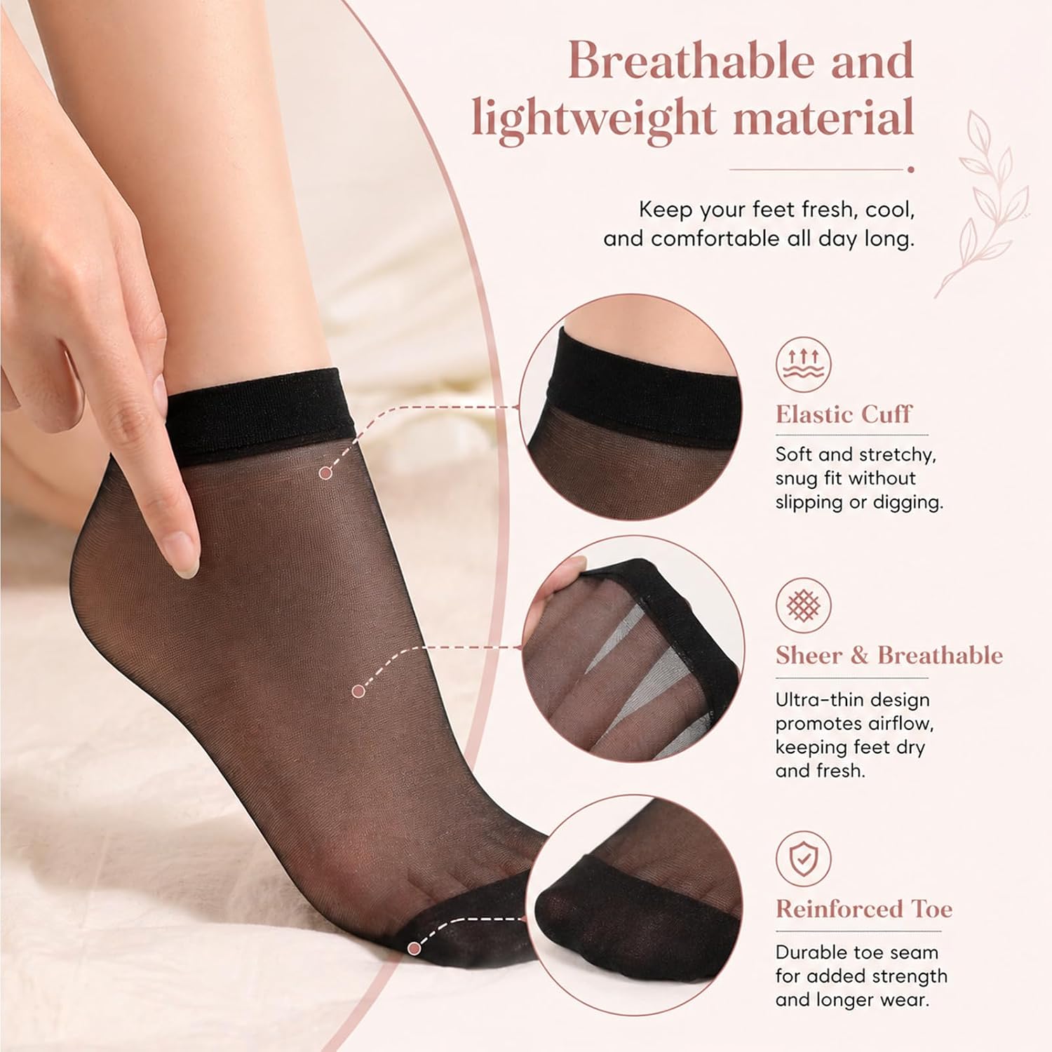 10 Pairs Sheer Ankle Socks, Black Nylon Socks for Women, Thin Ankle Stockings for Women