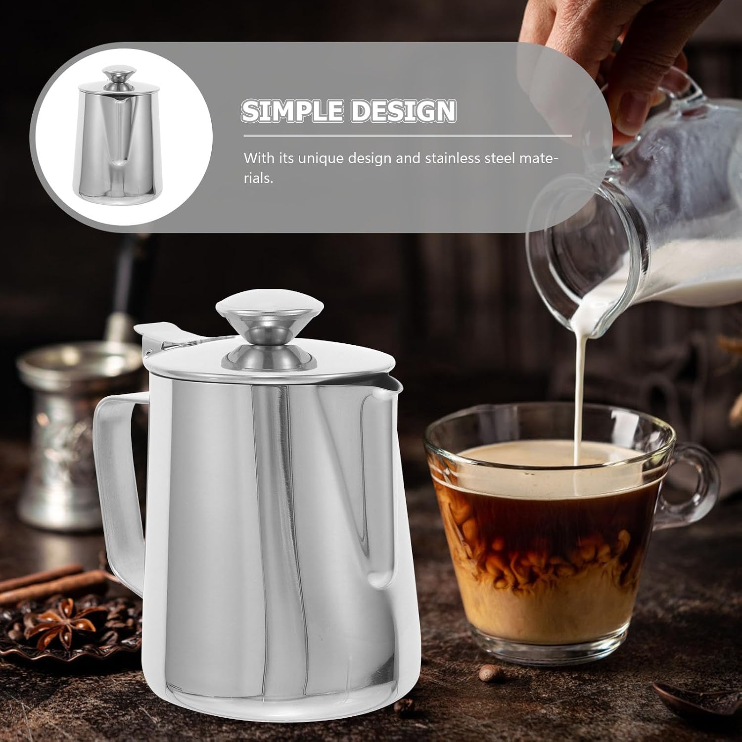 Stainless Steel Milk Frothing Cup with Lid 350ml Silver