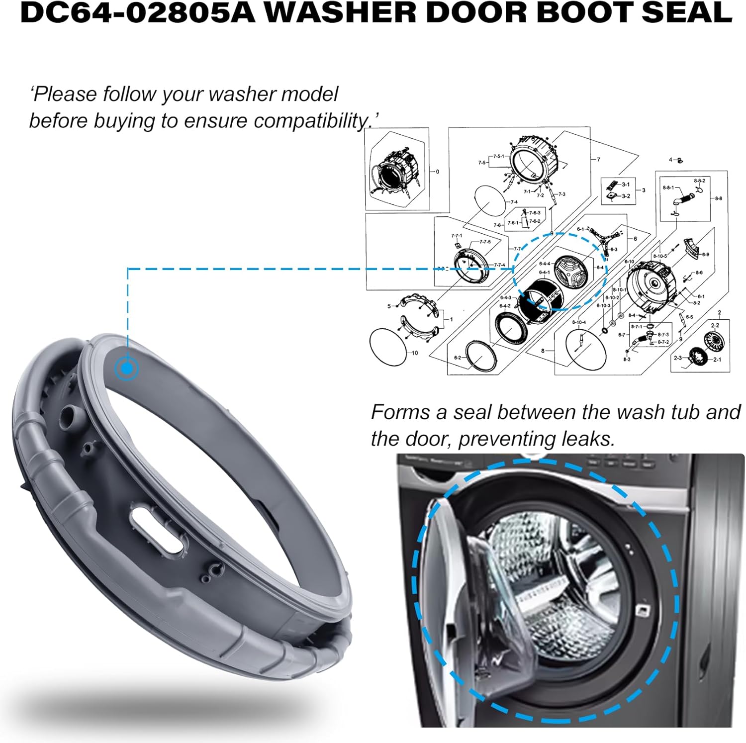 DC64-02805A Washer Door Boot Seal Gasket Bellow Diaphragm for Samsung WF393BTPARA WF393BTPAWR WF395BTPARA WF395BTPASU WF395BTPAWR WF405ATPASU WF405ATPAWR, for DC97-17041A DC97-17041B 2813214 PS4211765