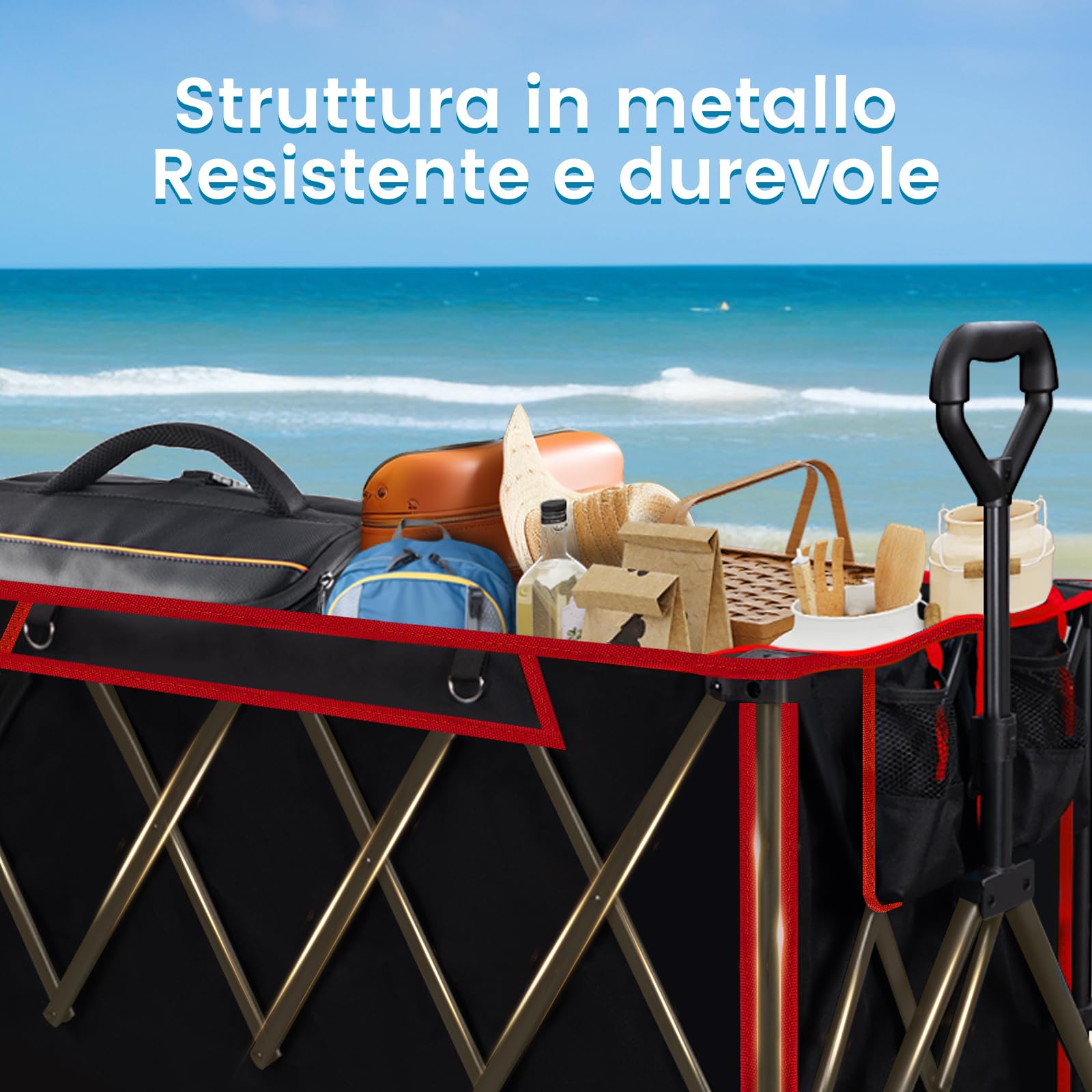 WOLTU Carrello Pieghevole con Ruote da Spiaggia, Giardino, Campeggio, Viaggio, Spesa, con Borsa di Trasporto, Oxford+Acciaio, Nero+Rosso